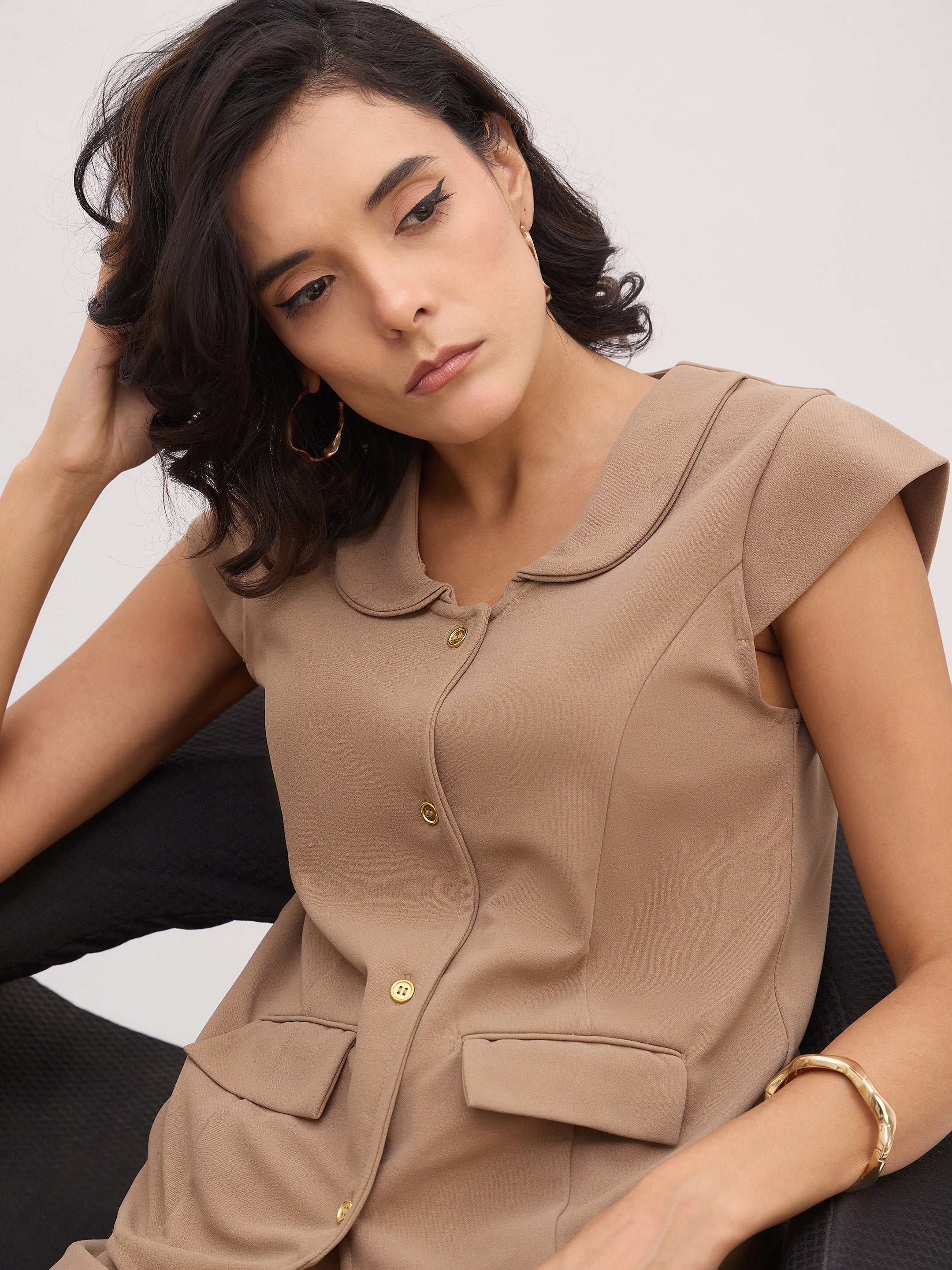 Women's Beige PeterPan Cap Sleeve Button Top With Trousers