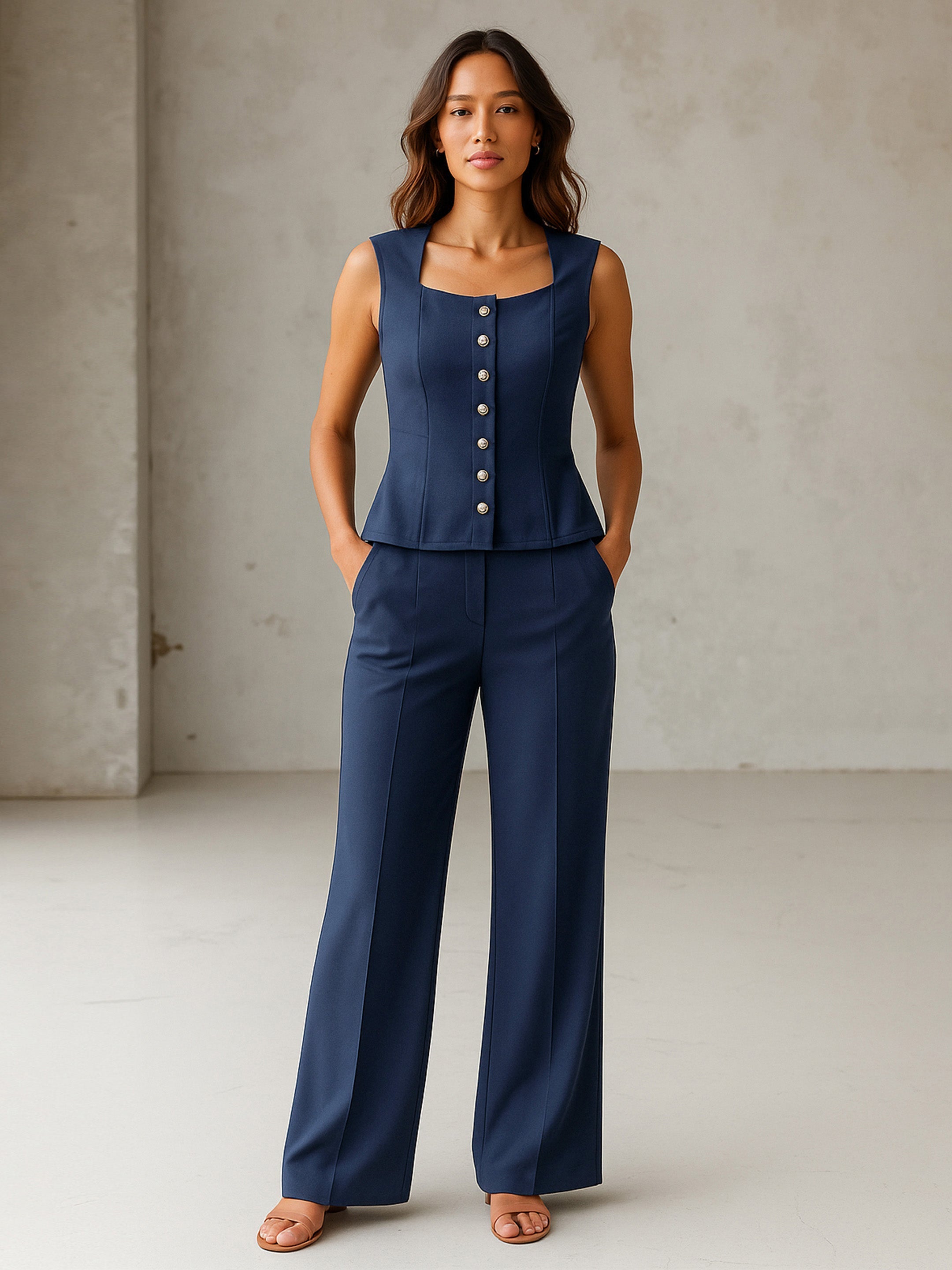 Women's Blue Rhombus Neck Top With Cross Pocket Pants