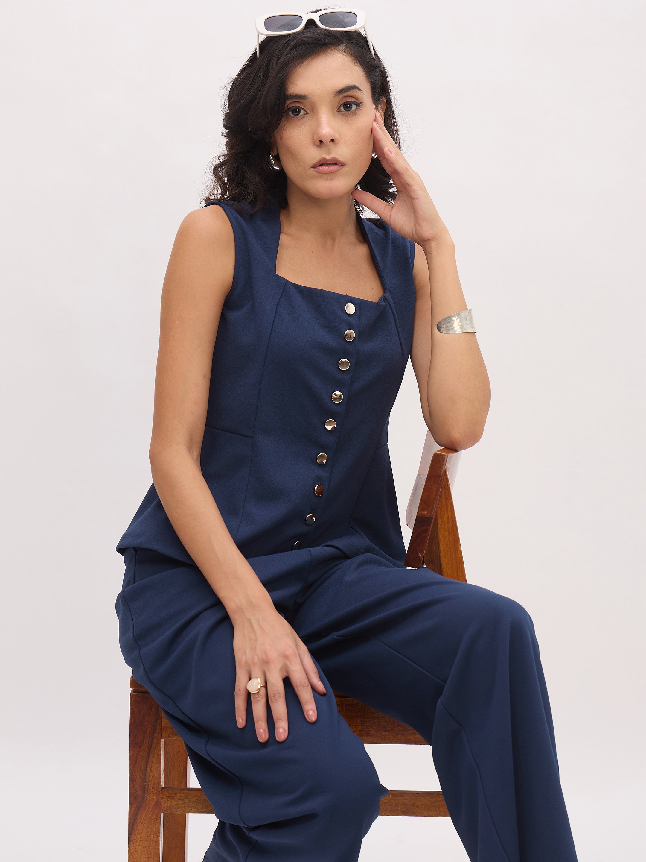 Women's Blue Rhombus Neck Top With Cross Pocket Pants