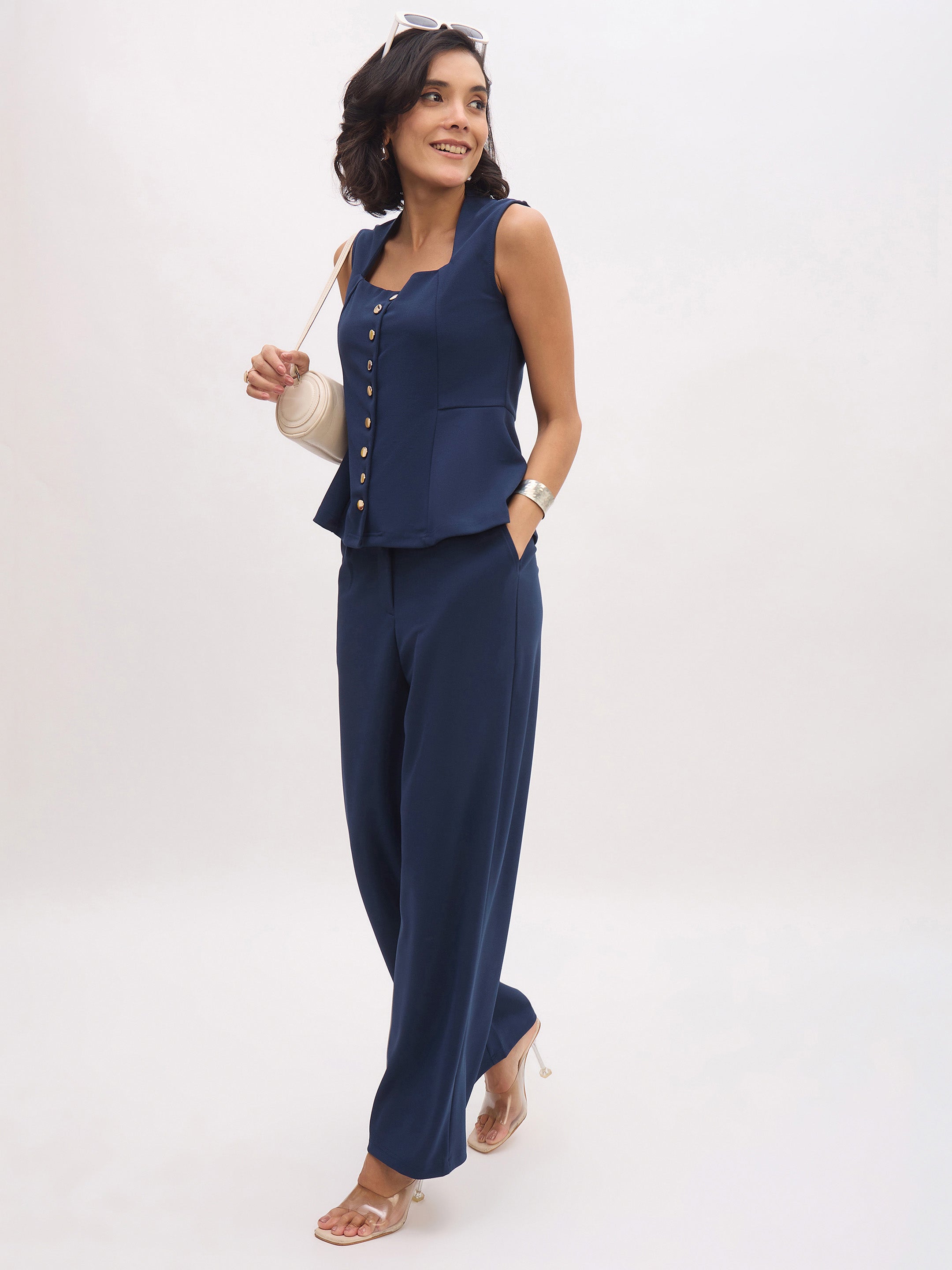 Women's Blue Rhombus Neck Top With Cross Pocket Pants