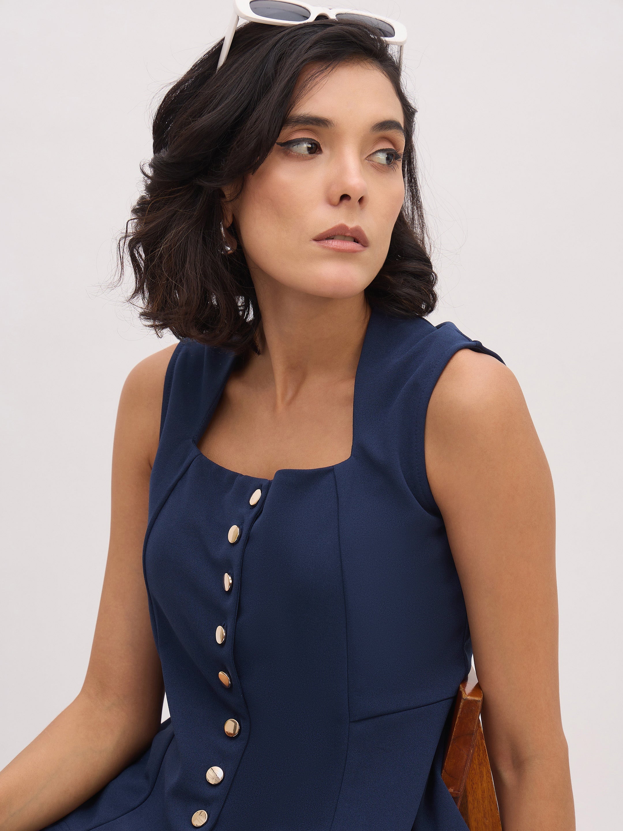 Women's Blue Rhombus Neck Top With Cross Pocket Pants