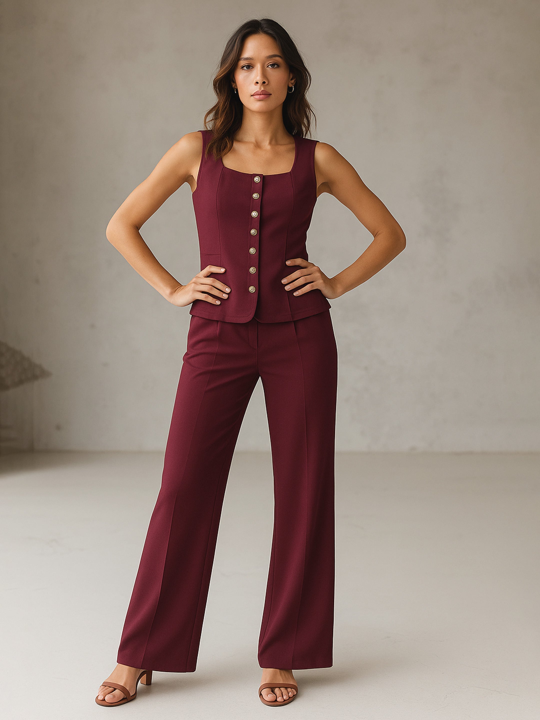 Women's Burgundy Rhombus Neck Top With Cross Pocket Pants