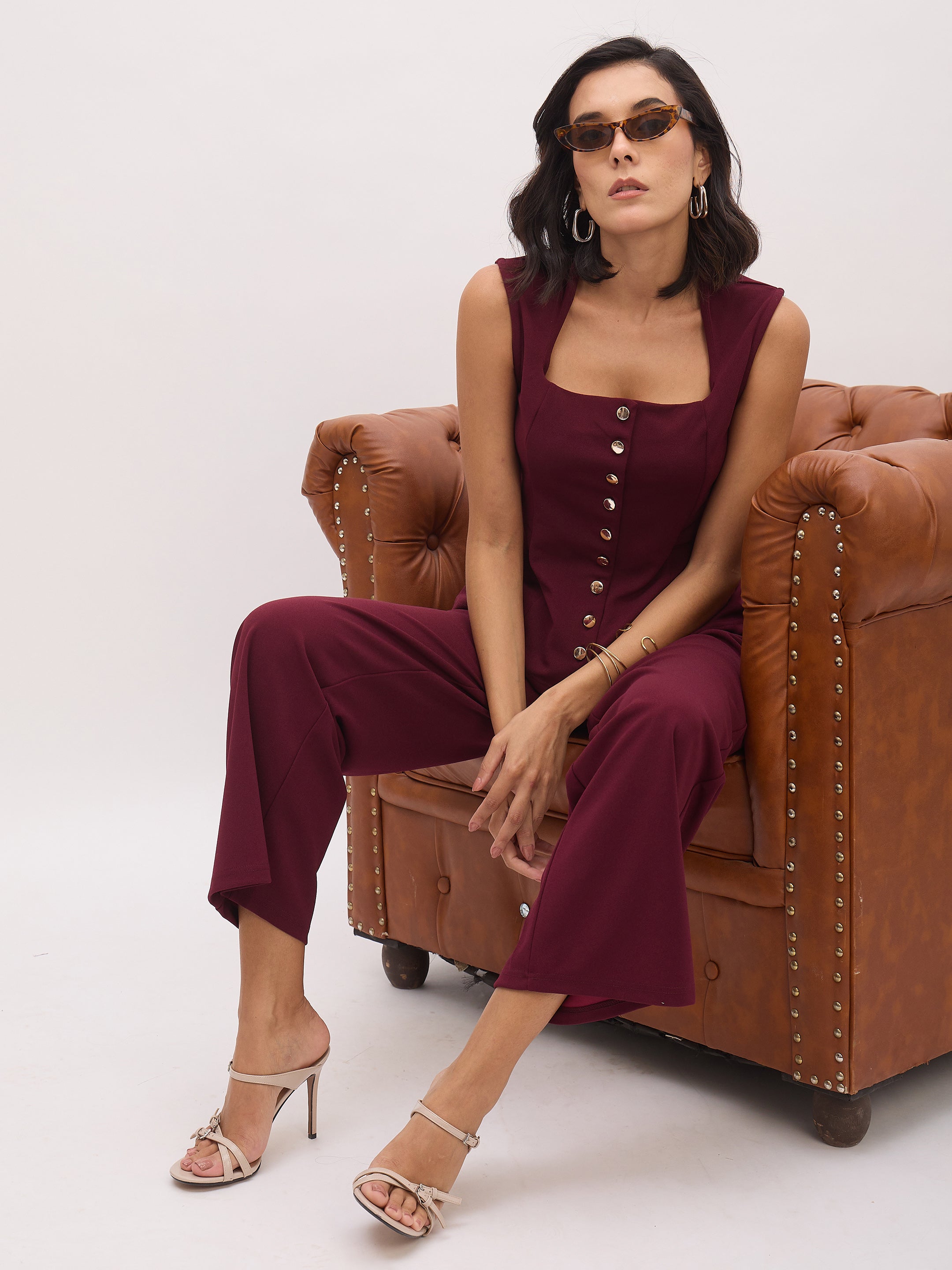 Women's Burgundy Rhombus Neck Top With Cross Pocket Pants