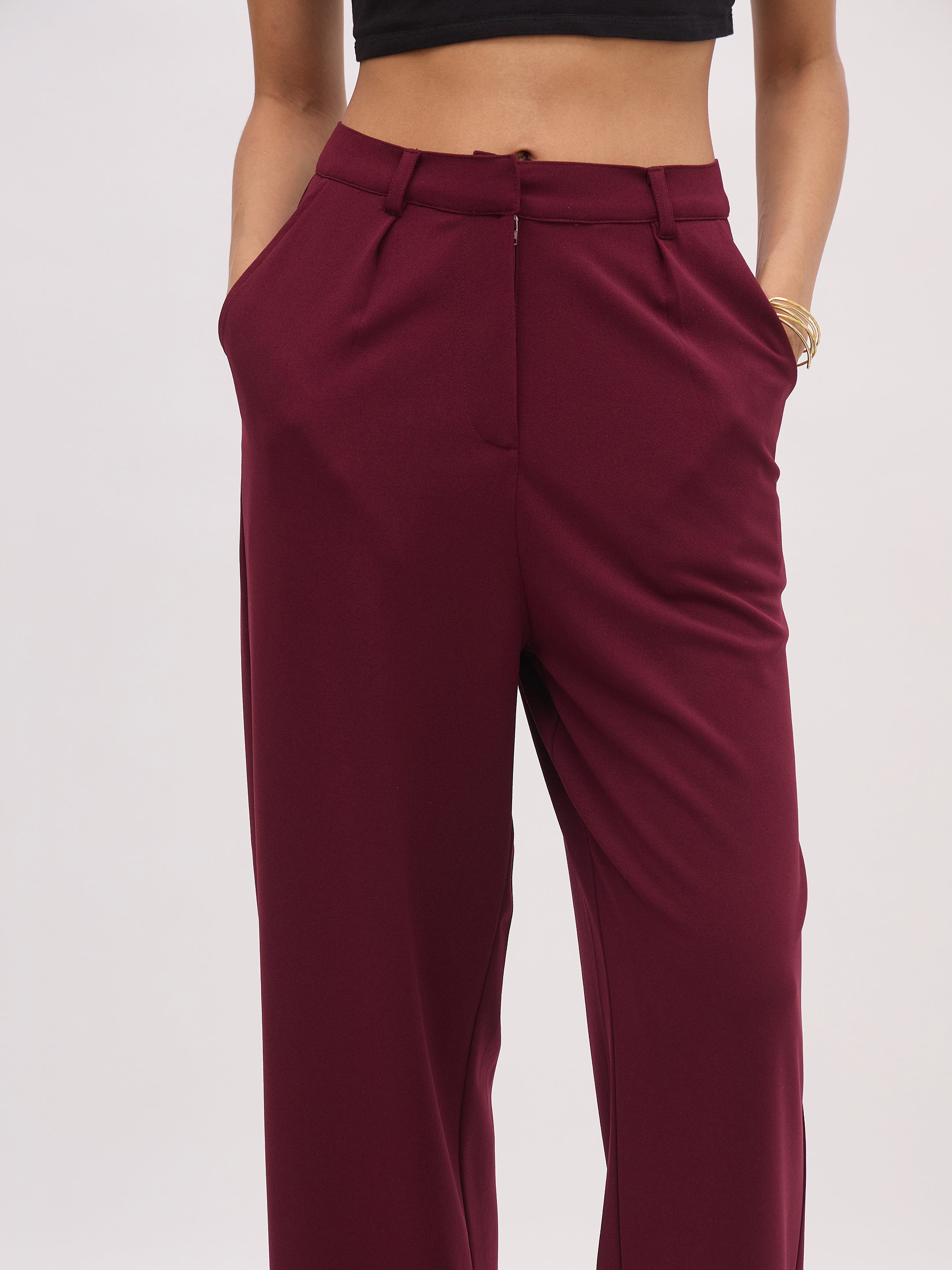 Women's Burgundy Rhombus Neck Top With Cross Pocket Pants