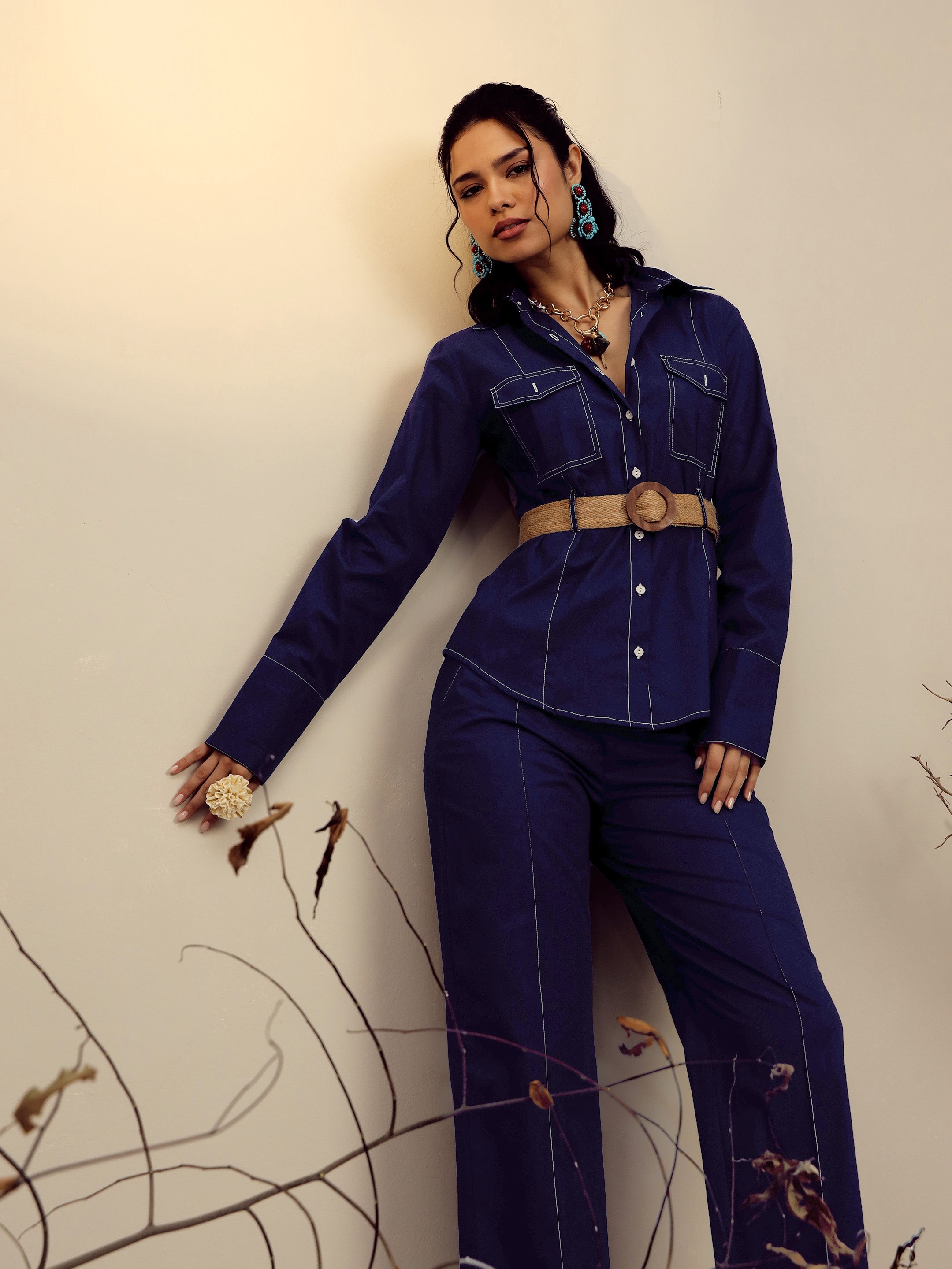 Women's Navy Poplin Belted Shirt With Straight Pants