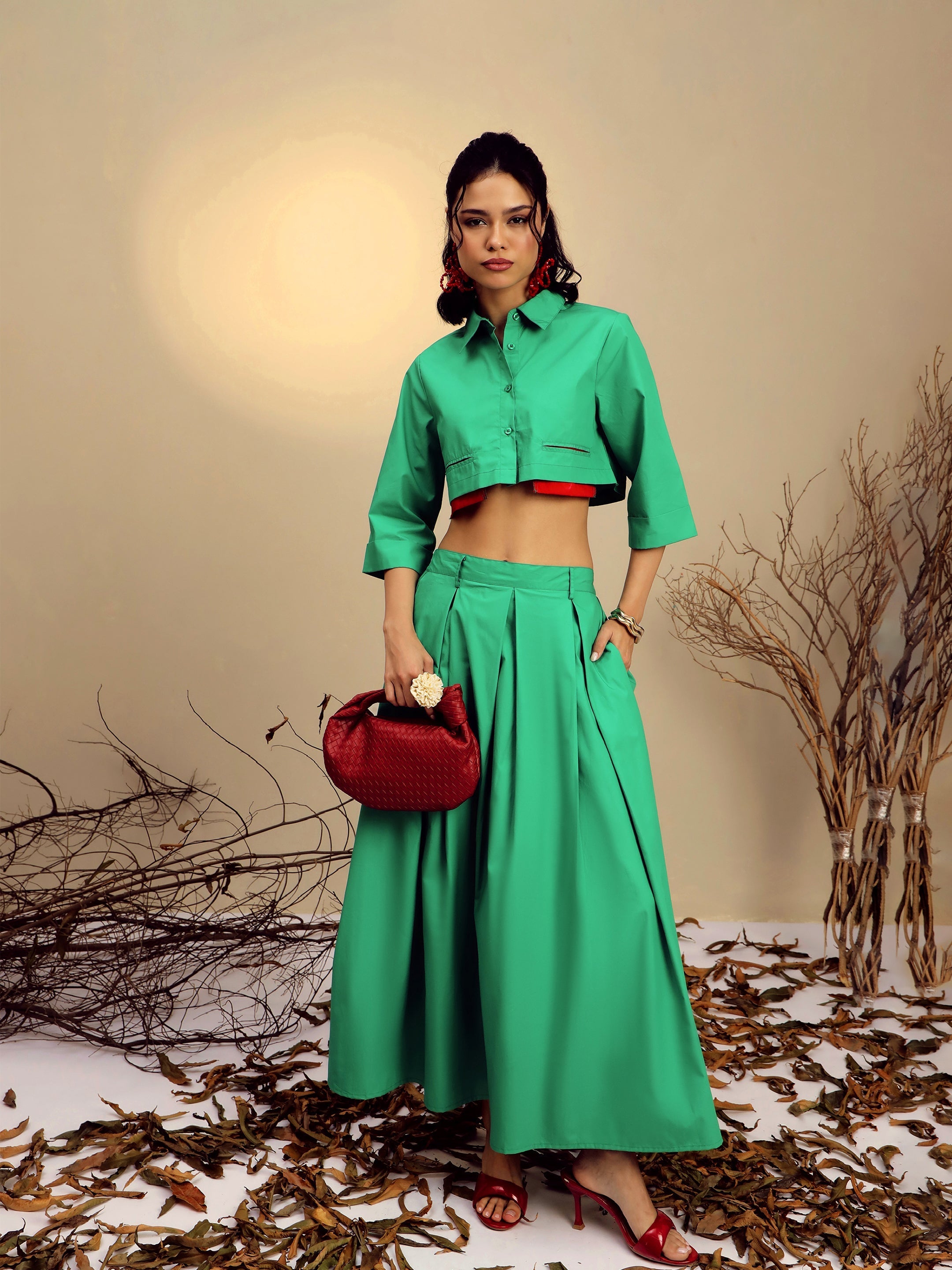 Women's Green Poplin Crop Shirt With Pleated Skirt