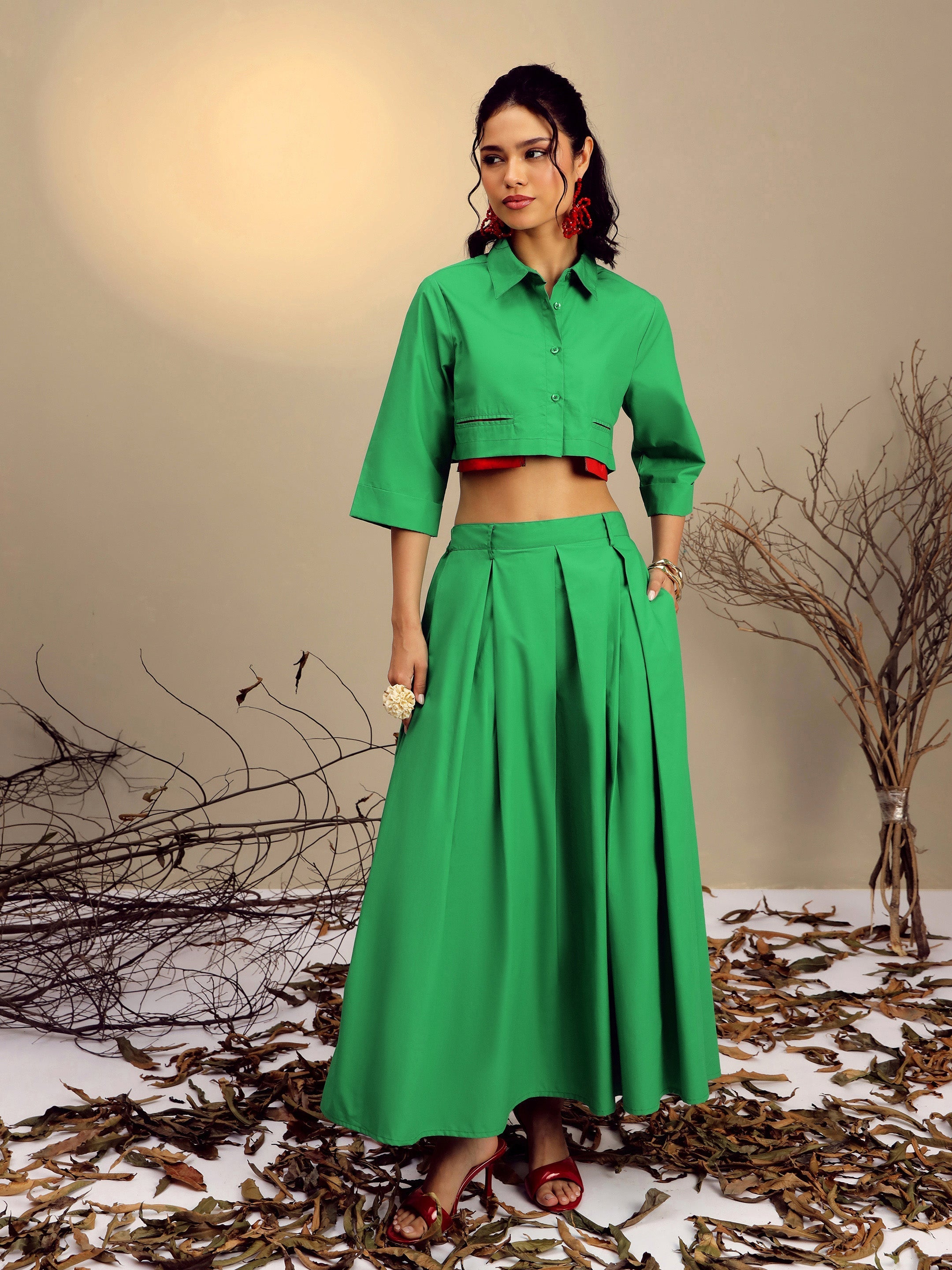 Women's Green Poplin Crop Shirt With Pleated Skirt