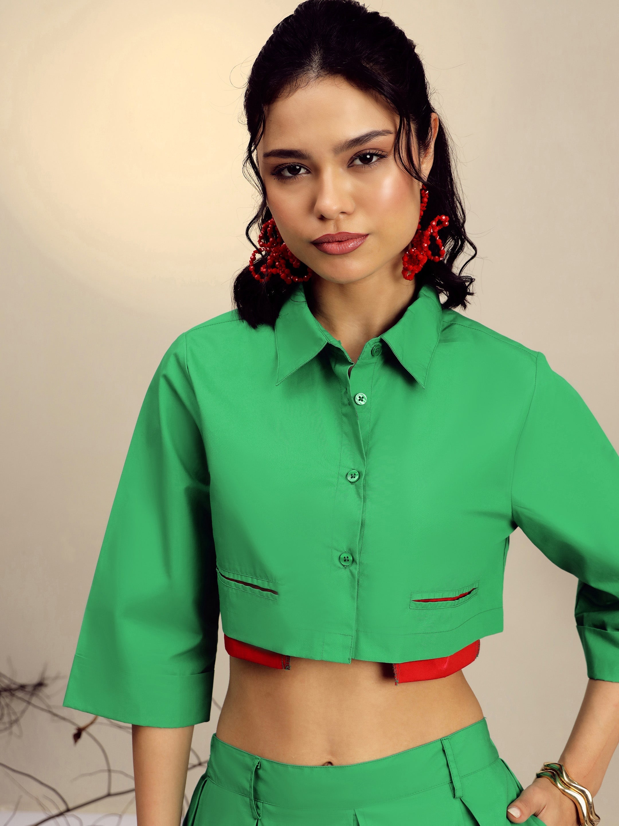 Women's Green Poplin Crop Shirt With Pleated Skirt