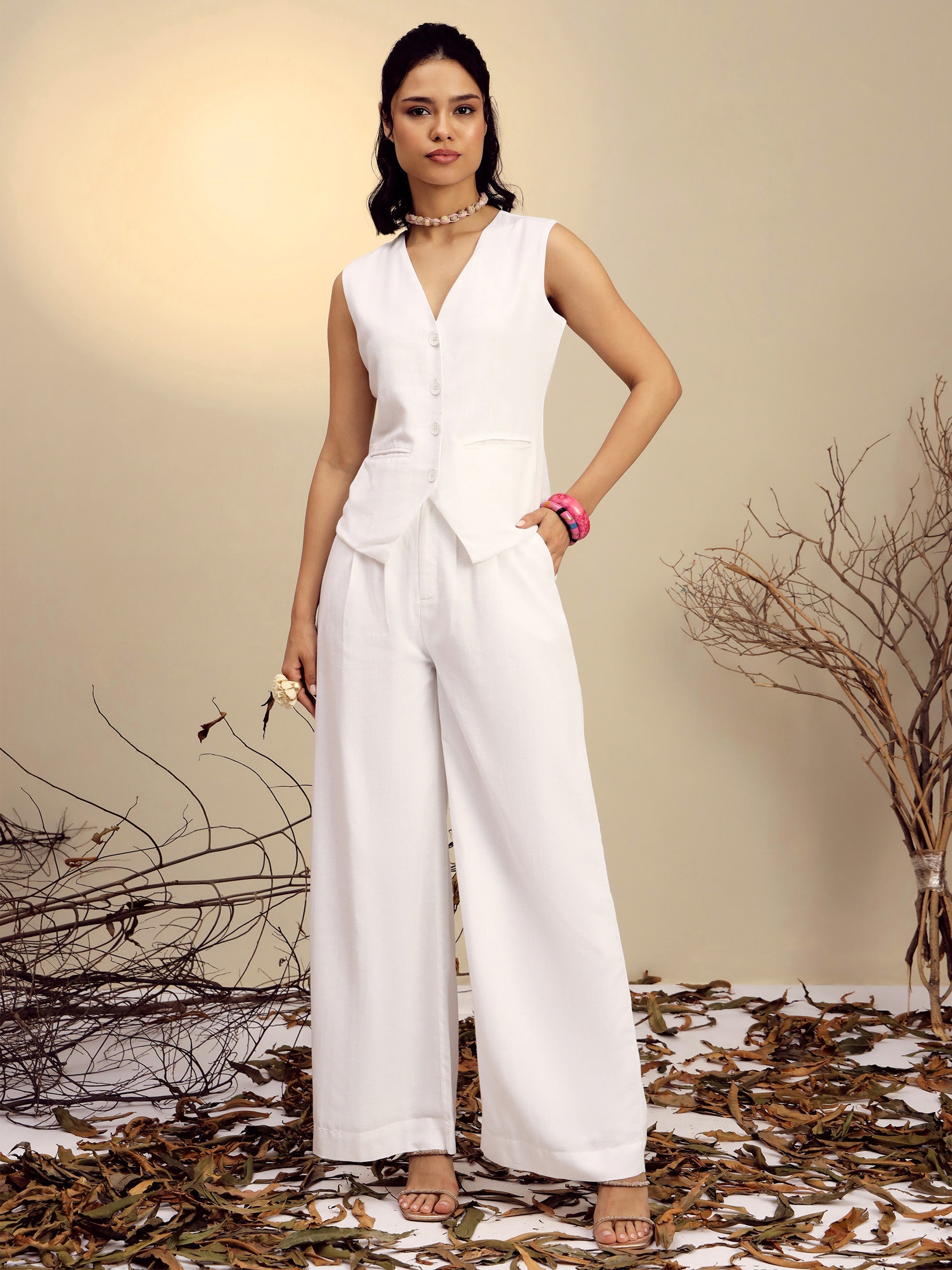 Women's White Vest Top With Straight Pants