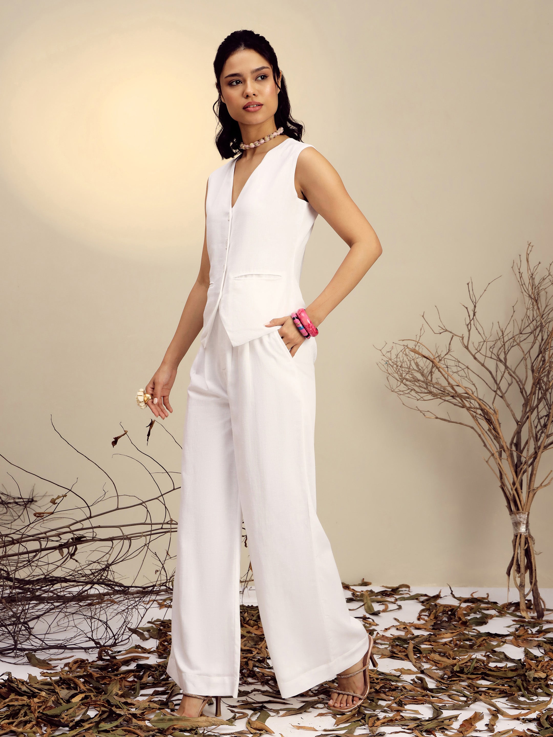 Women's White Vest Top With Straight Pants