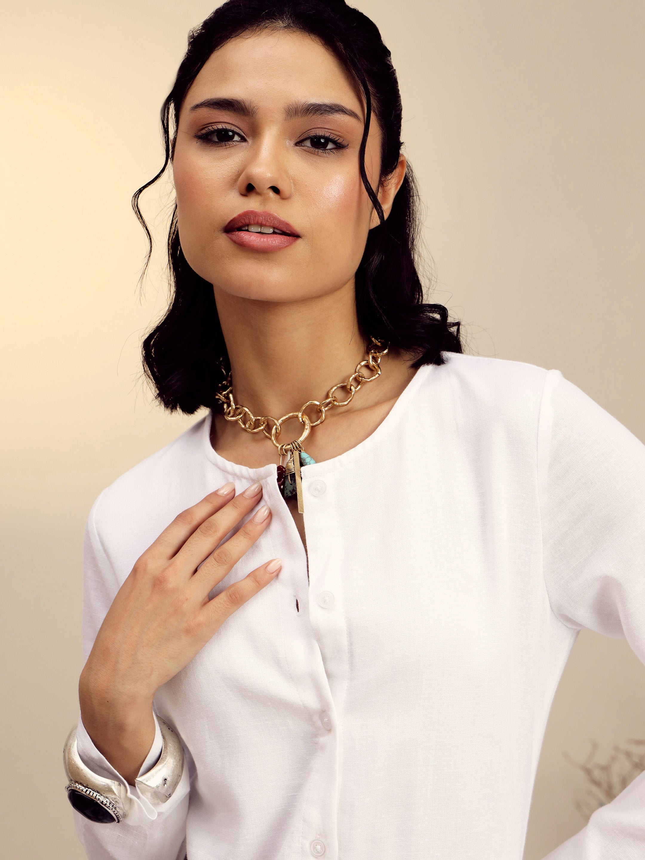 Women's White Full Sleeves Top With Mom Fit Pants