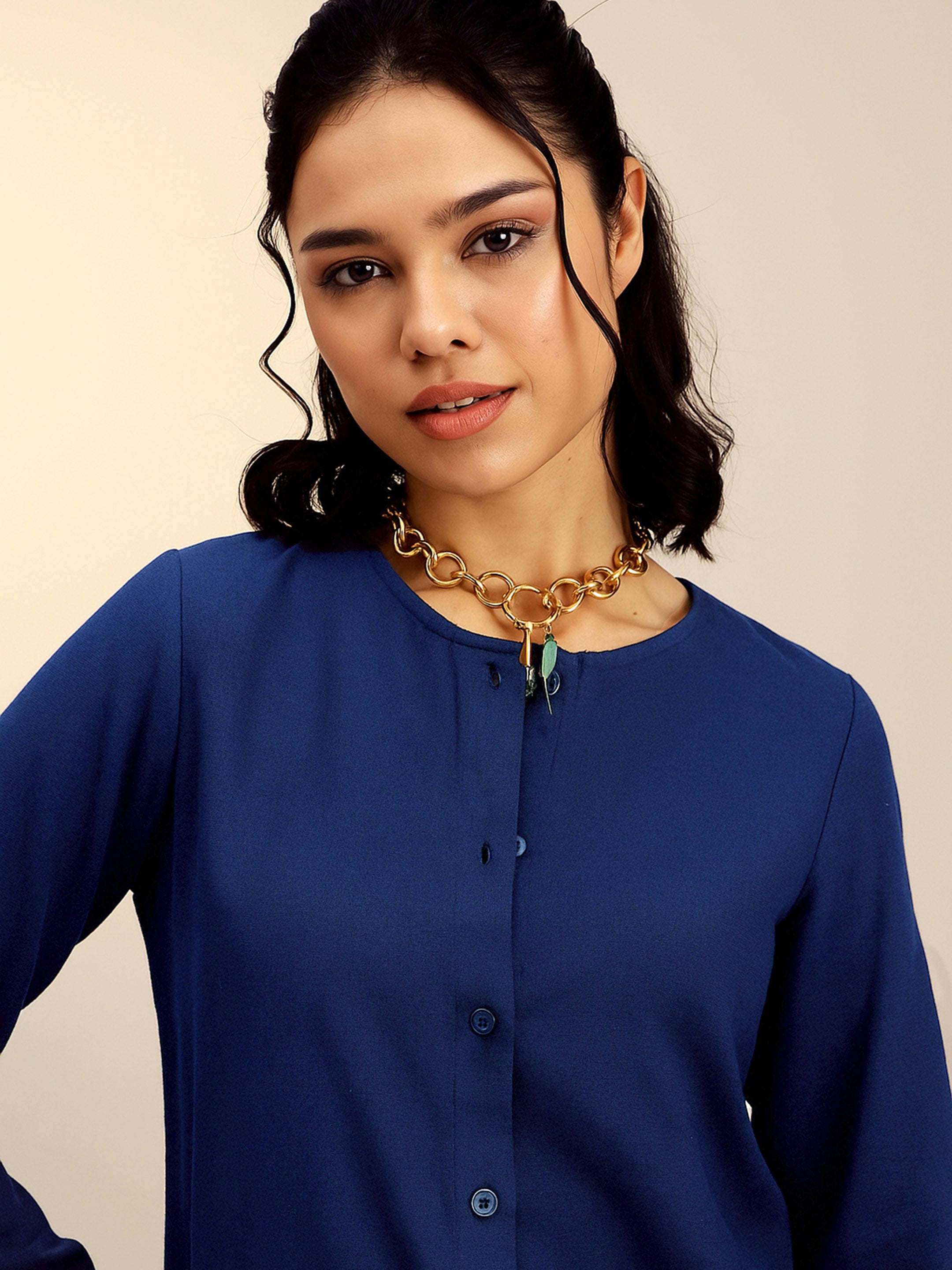 Women's Navy Full Sleeves Top With Mom Fit Pants