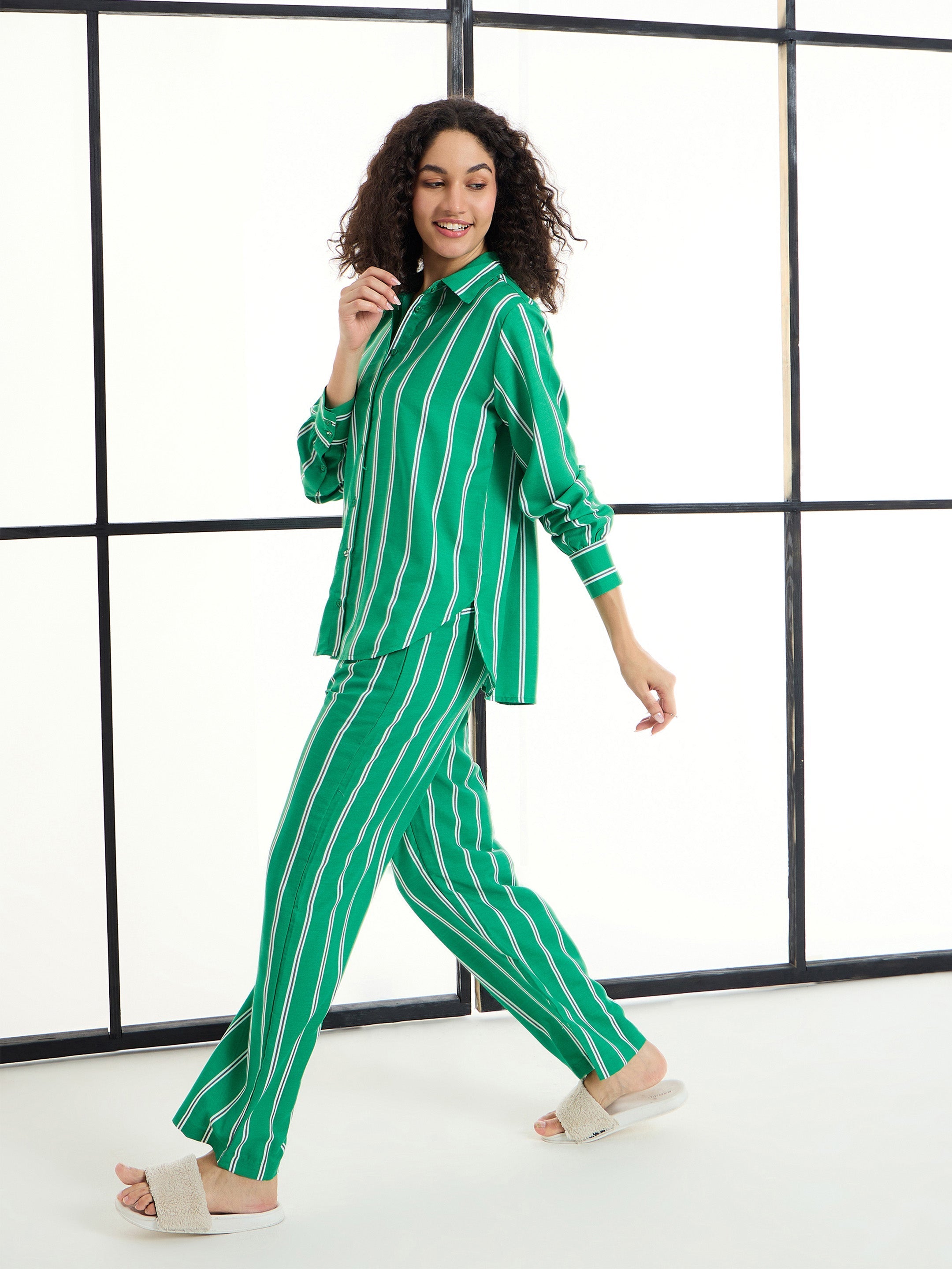 Women's Green Striped Night Suit - Sassafras