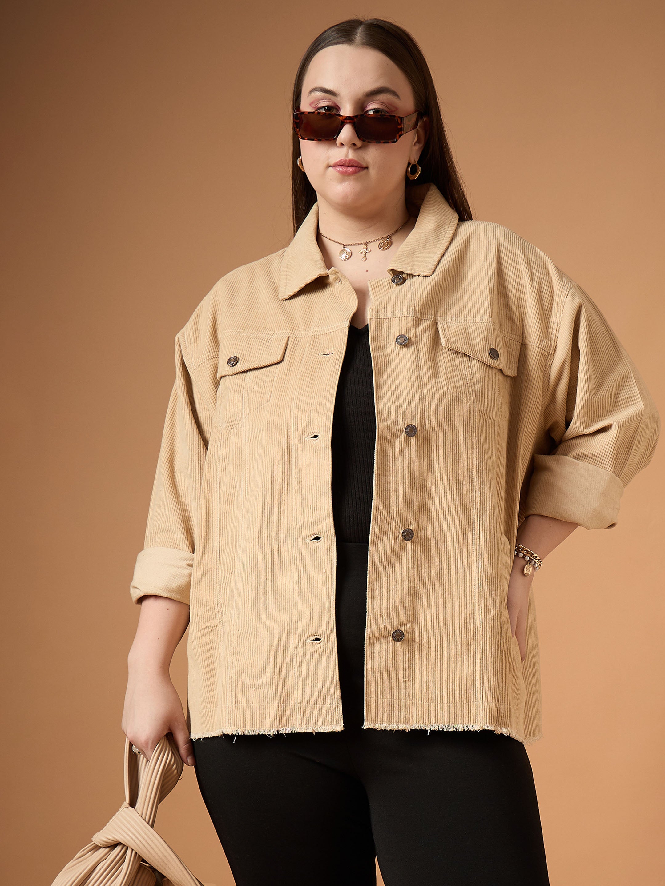 Women's Beige Solid Shacket - Sassafras