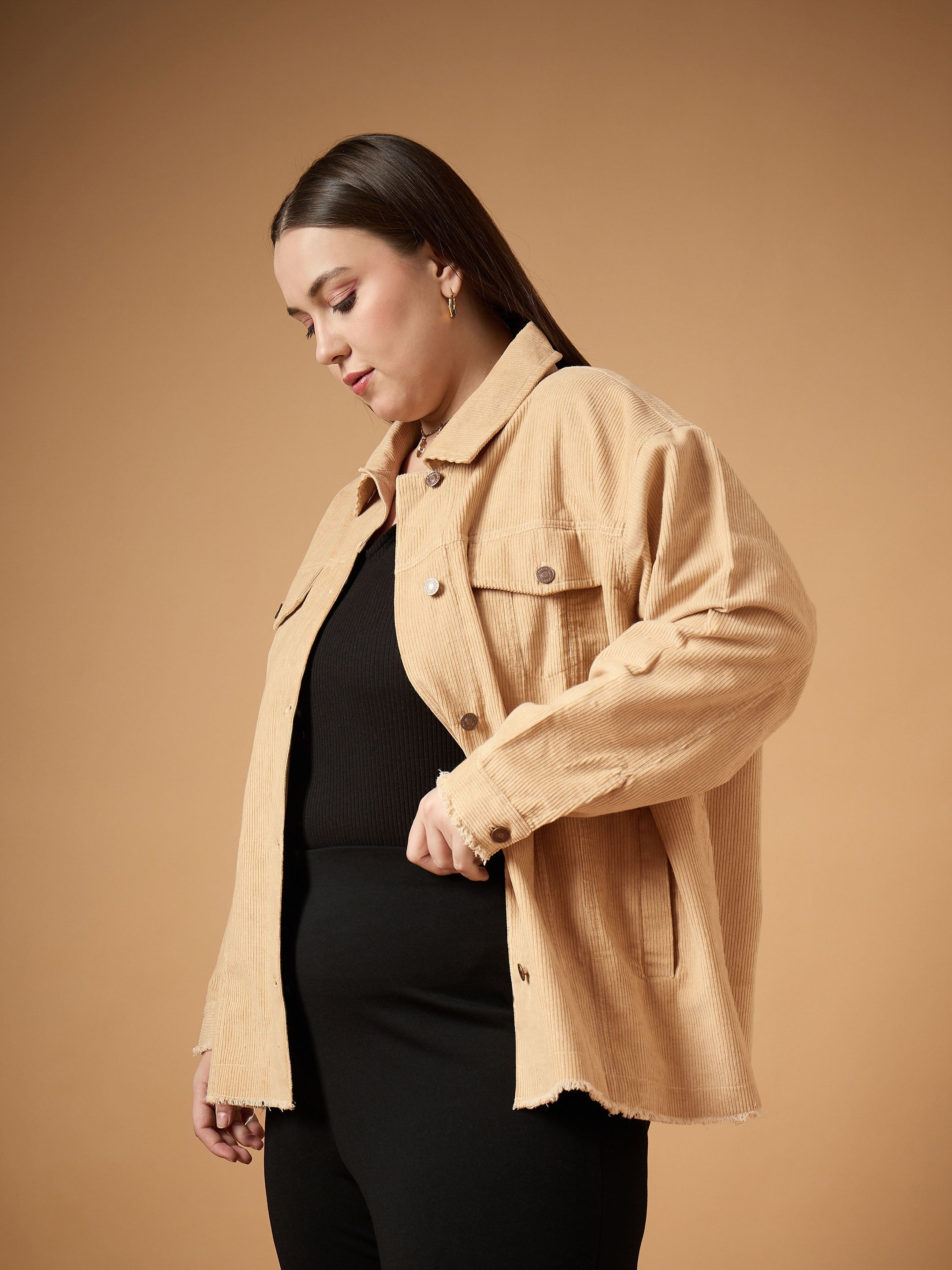 Women's Beige Solid Shacket - Sassafras