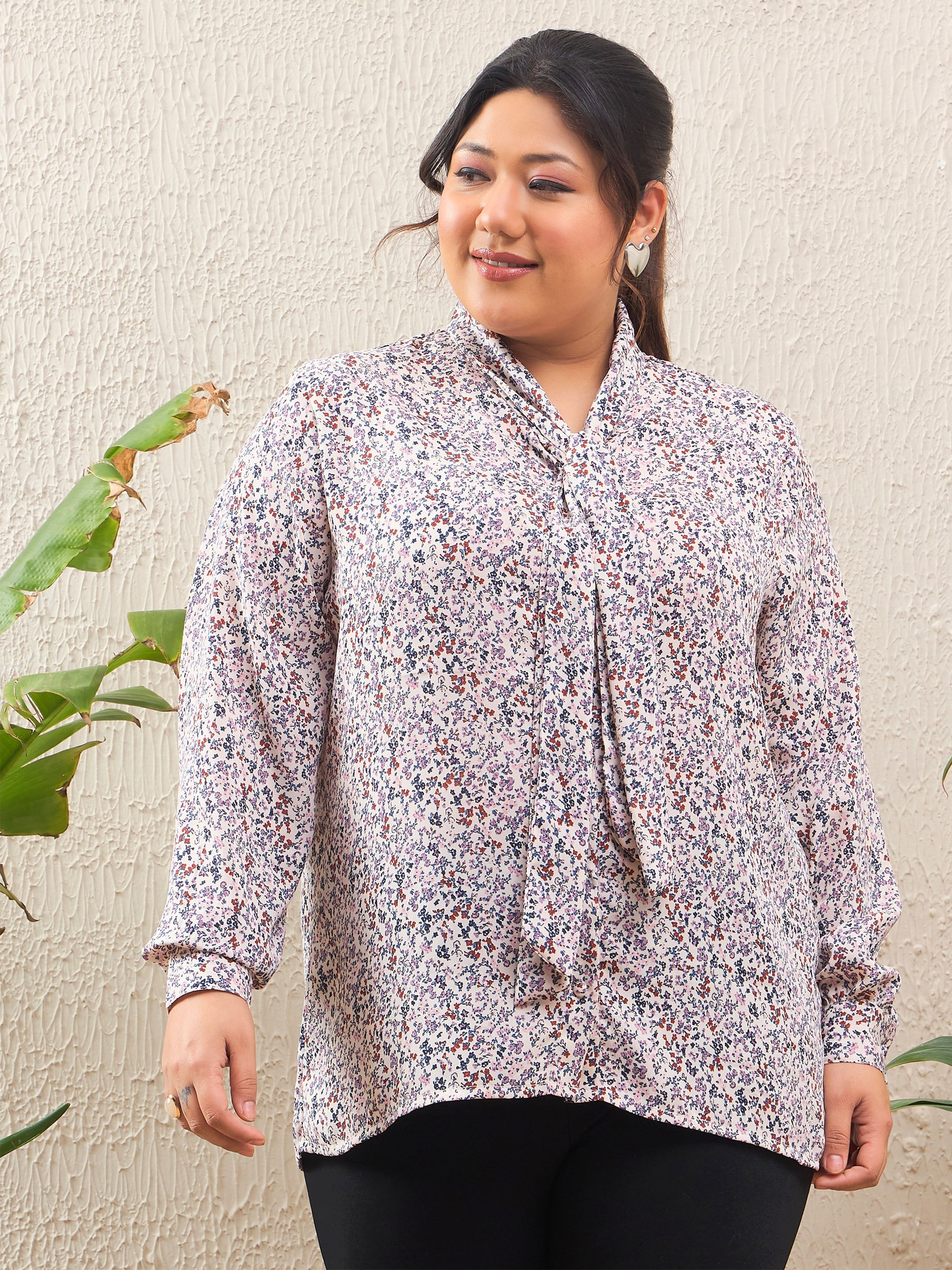 Women's White Ditsy Floral Tie Knot Shirt-SASSAFRAS