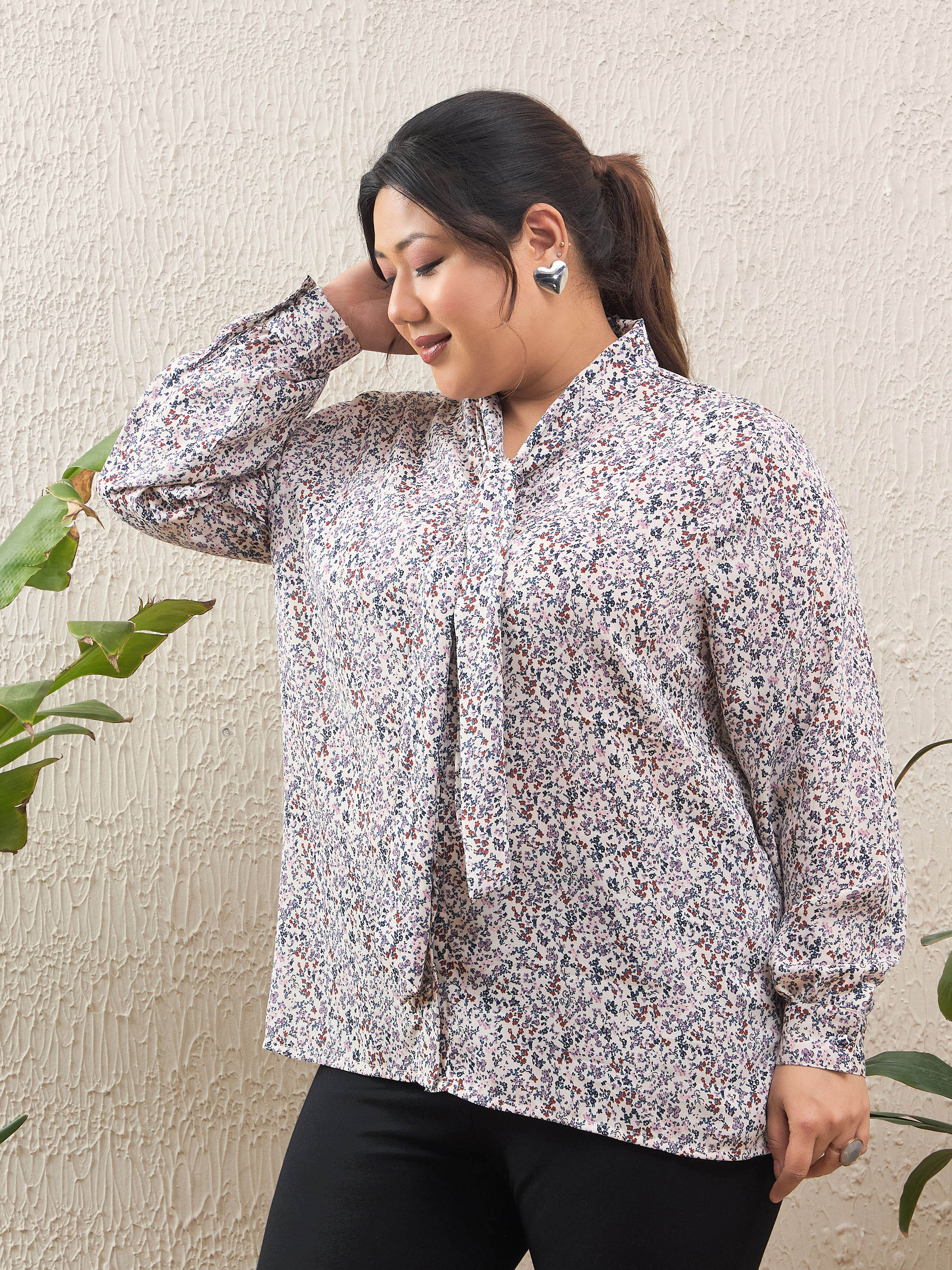 Women's White Ditsy Floral Tie Knot Shirt-SASSAFRAS