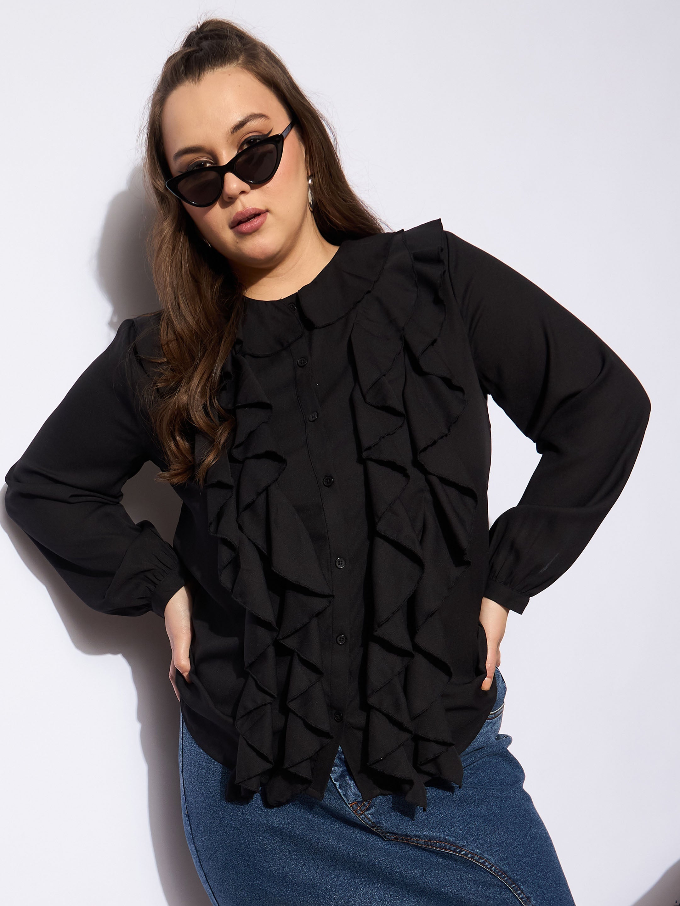 Women's Black Solid Summercool Ruffle Shirt-SASSAFRAS