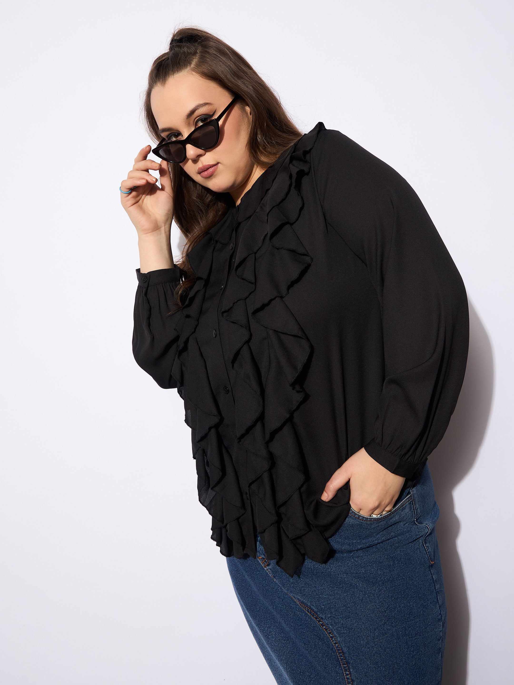 Women's Black Solid Summercool Ruffle Shirt-SASSAFRAS