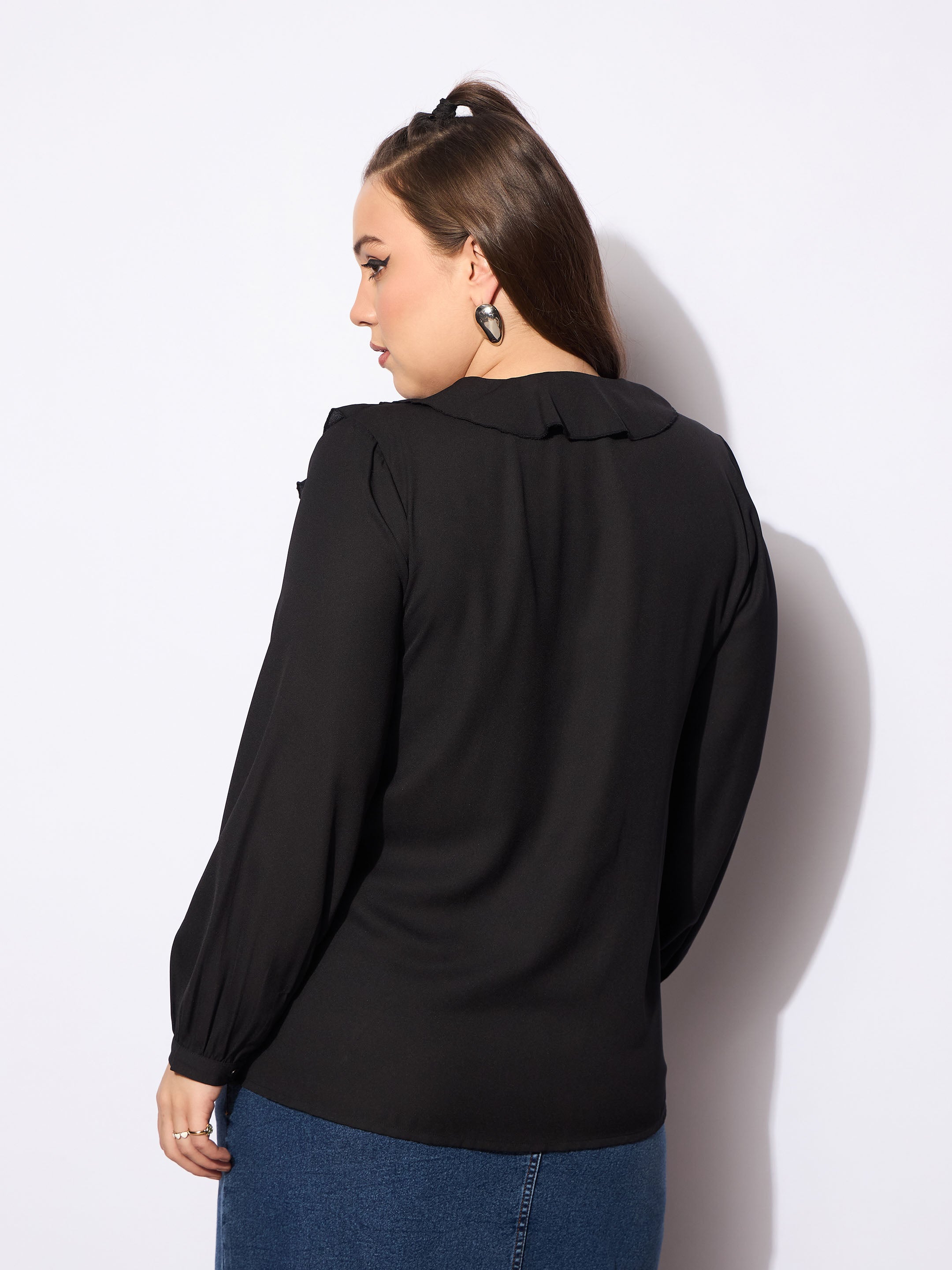 Women's Black Solid Summercool Ruffle Shirt-SASSAFRAS