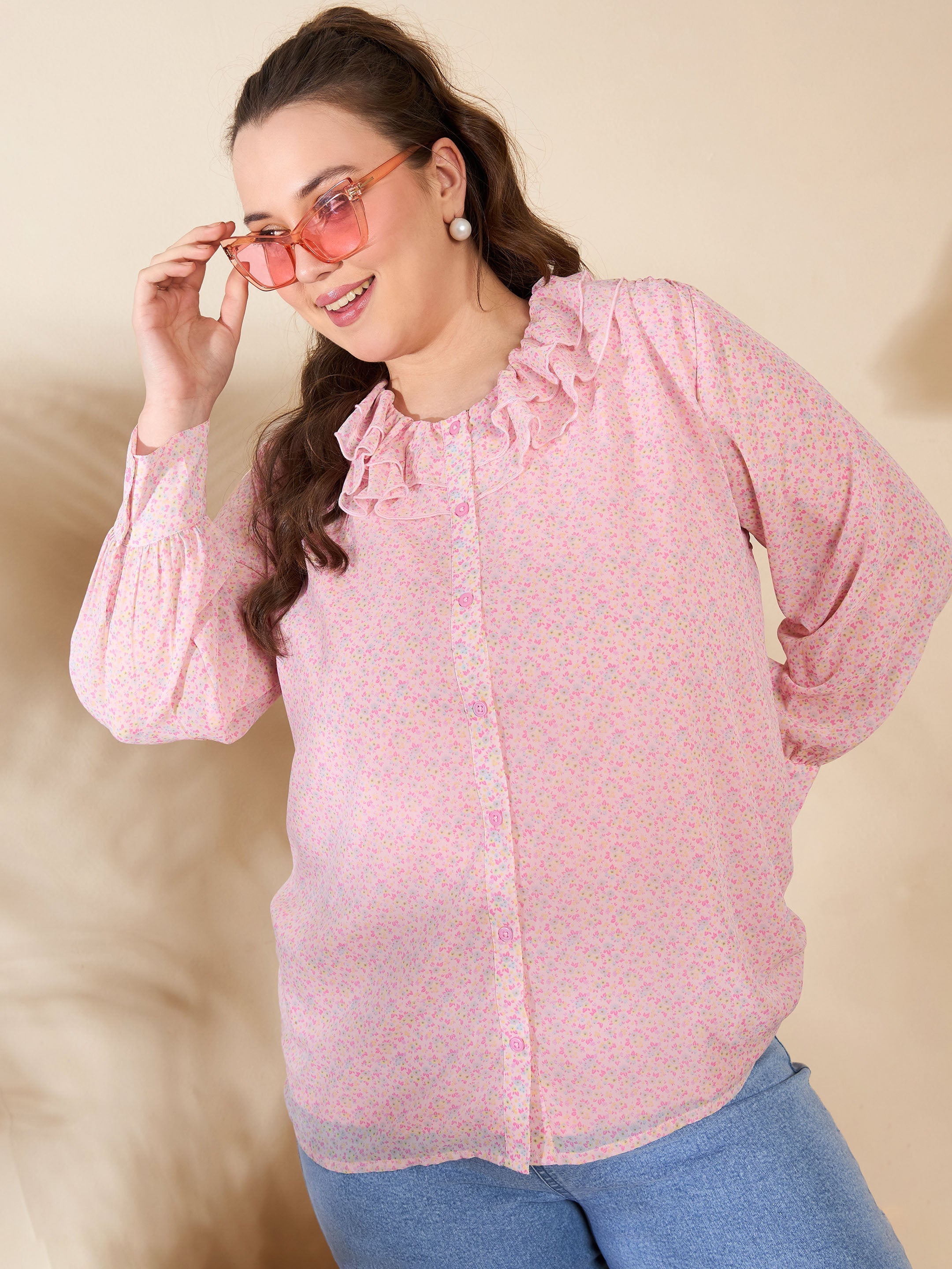 Women's Pink Ditsy Floral Frill Neck Shirt-SASSAFRAS