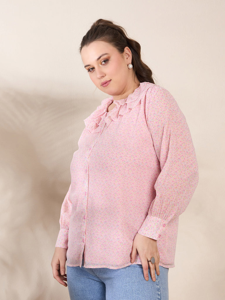 Women's Pink Ditsy Floral Frill Neck Shi