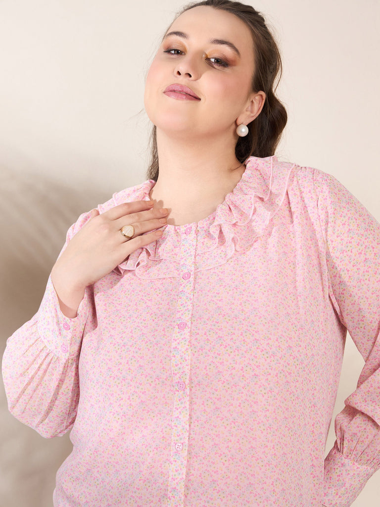 Women's Pink Ditsy Floral Frill Neck Shi