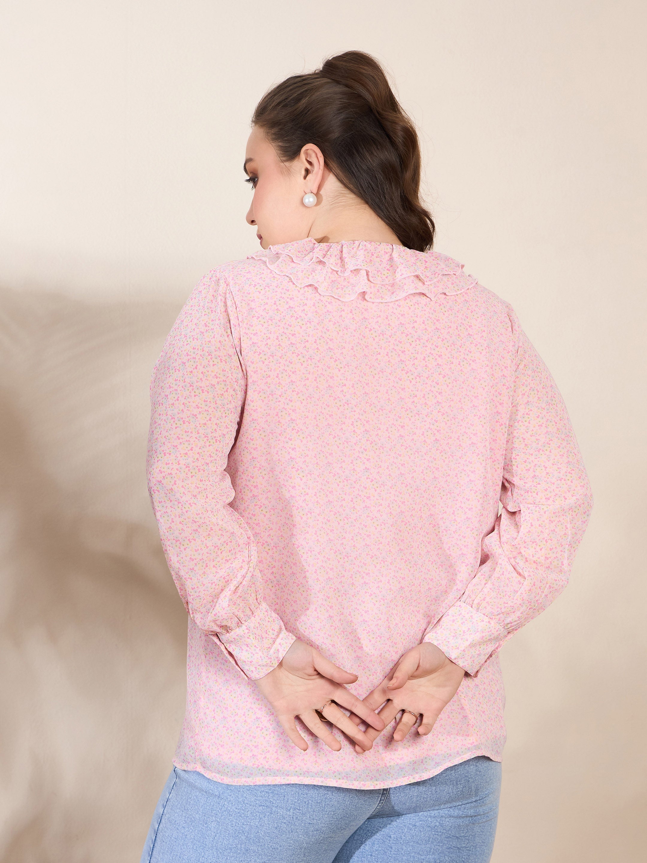 Women's Pink Ditsy Floral Frill Neck Shirt-SASSAFRAS