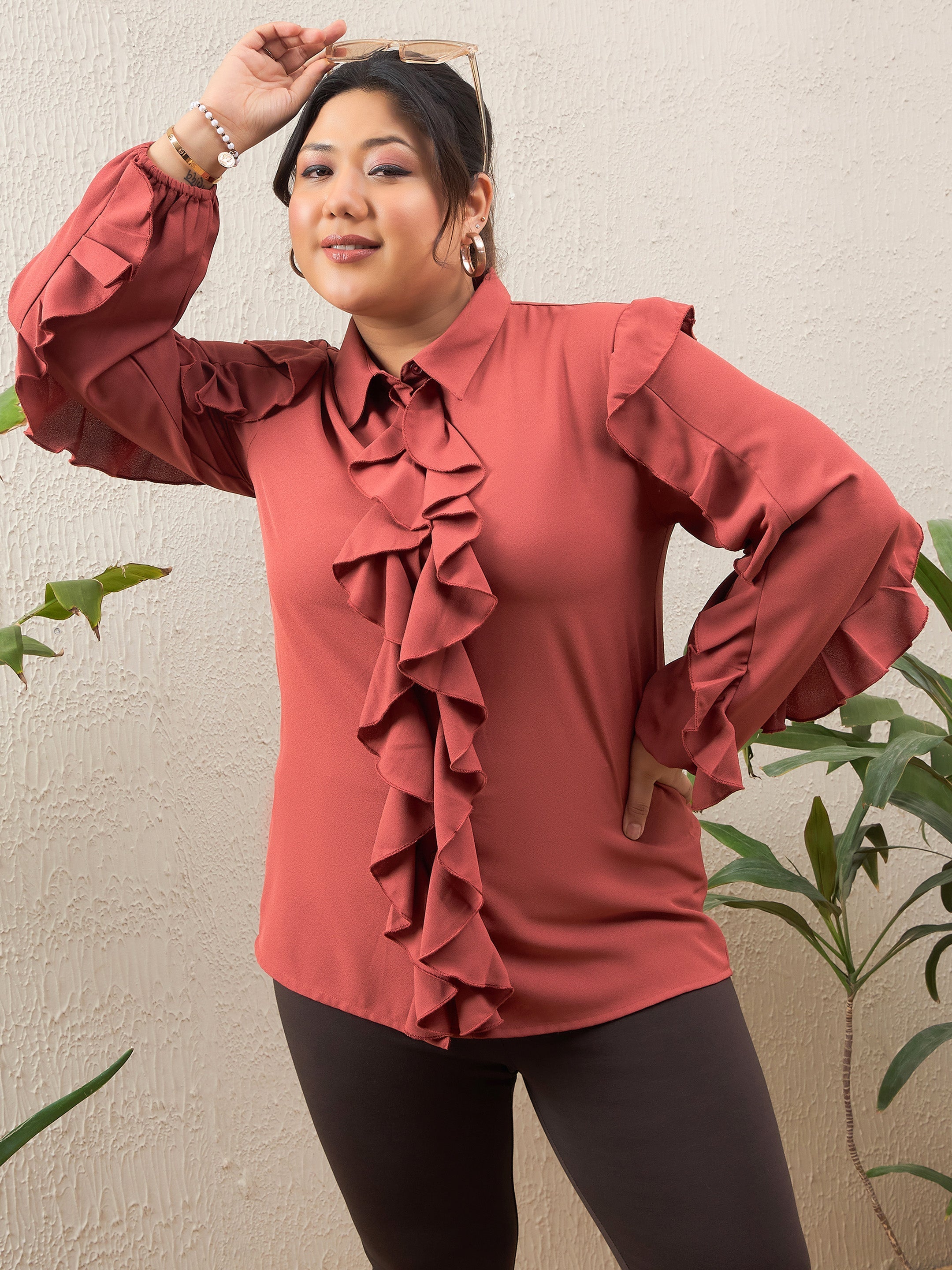 Women's Rust Solid Front Button Ruffle Shirt-SASSAFRAS