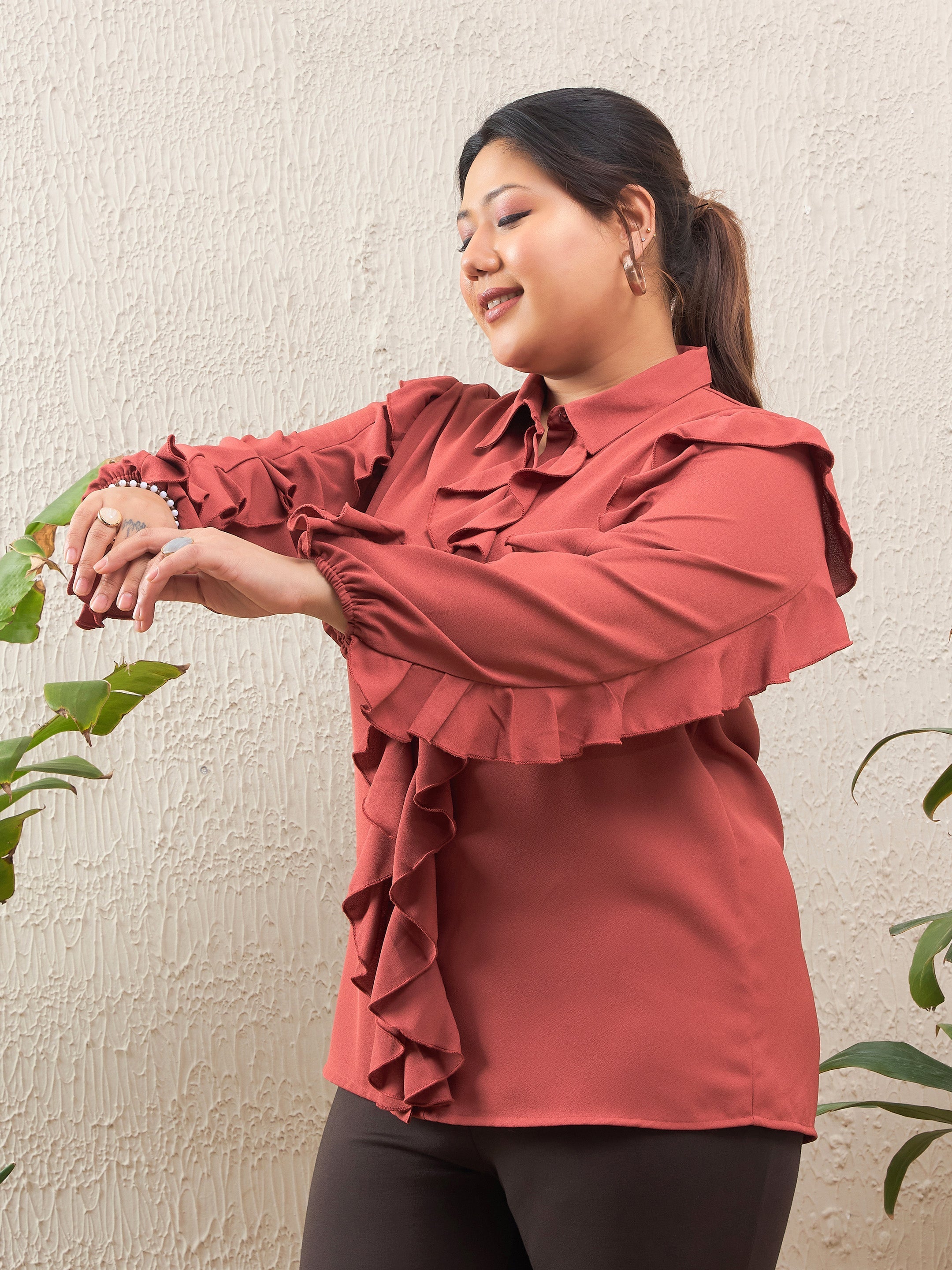 Women's Rust Solid Front Button Ruffle Shirt-SASSAFRAS