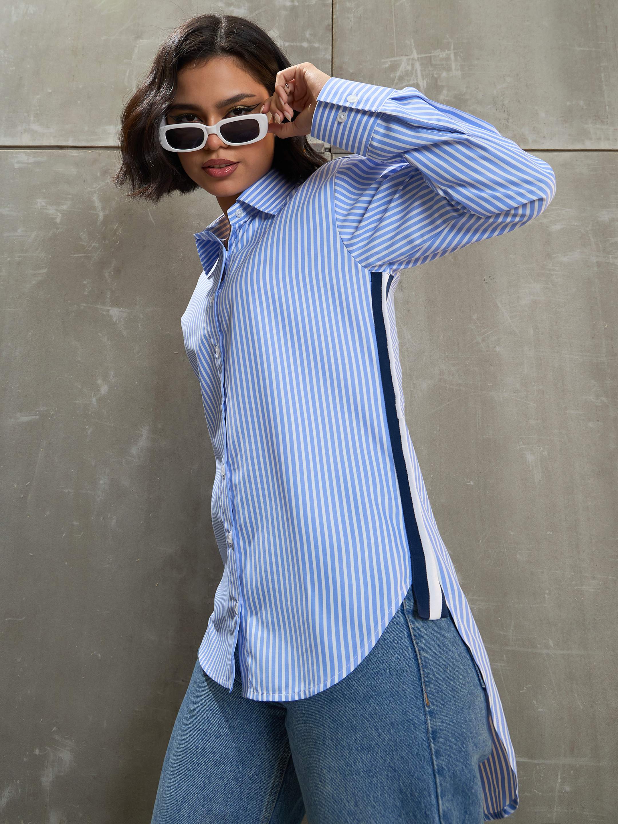 Women's Blue & White Striped Side Tape Shirt-SASSAFRAS