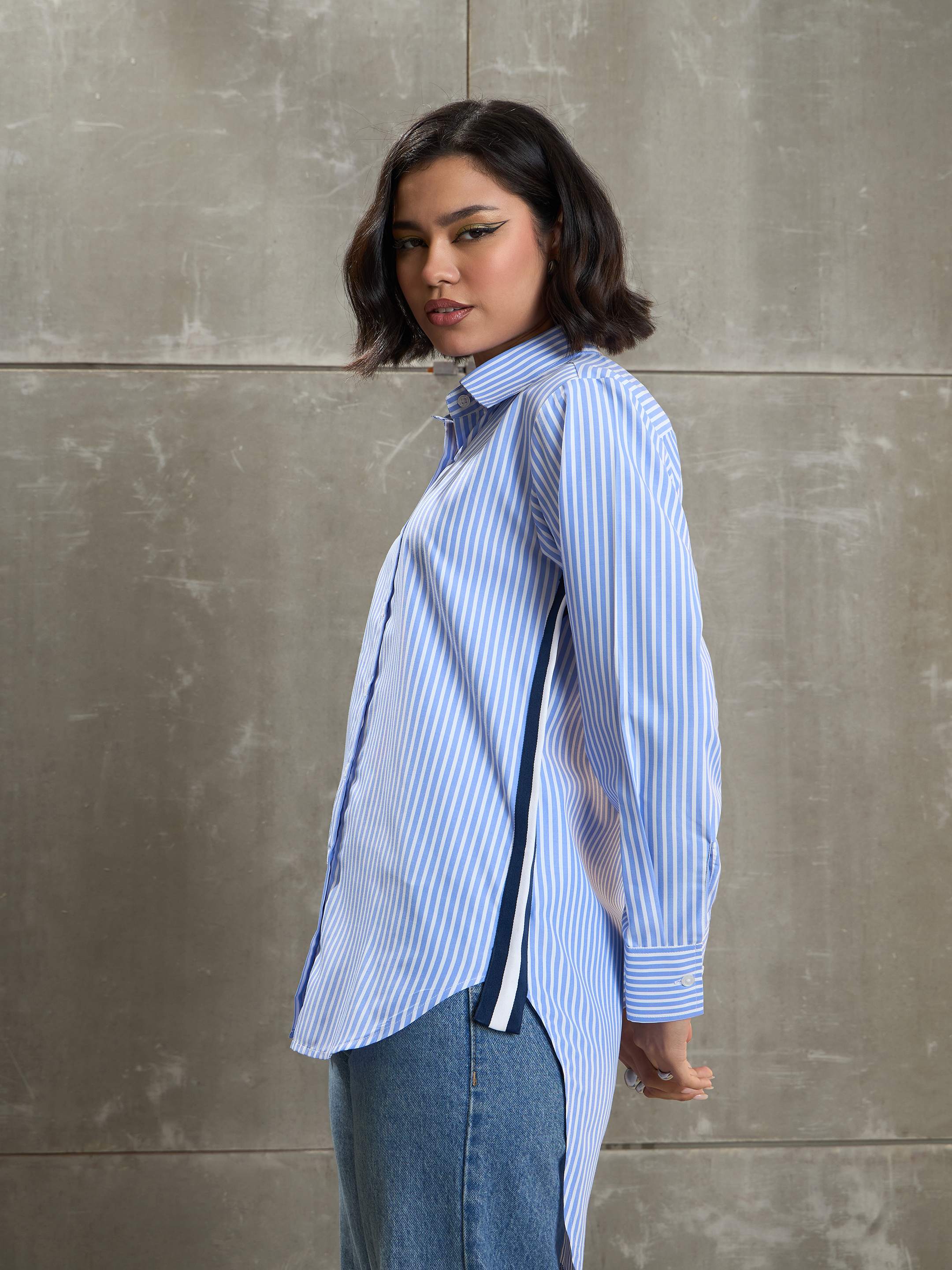 Women's Blue & White Striped Side Tape Shirt-SASSAFRAS