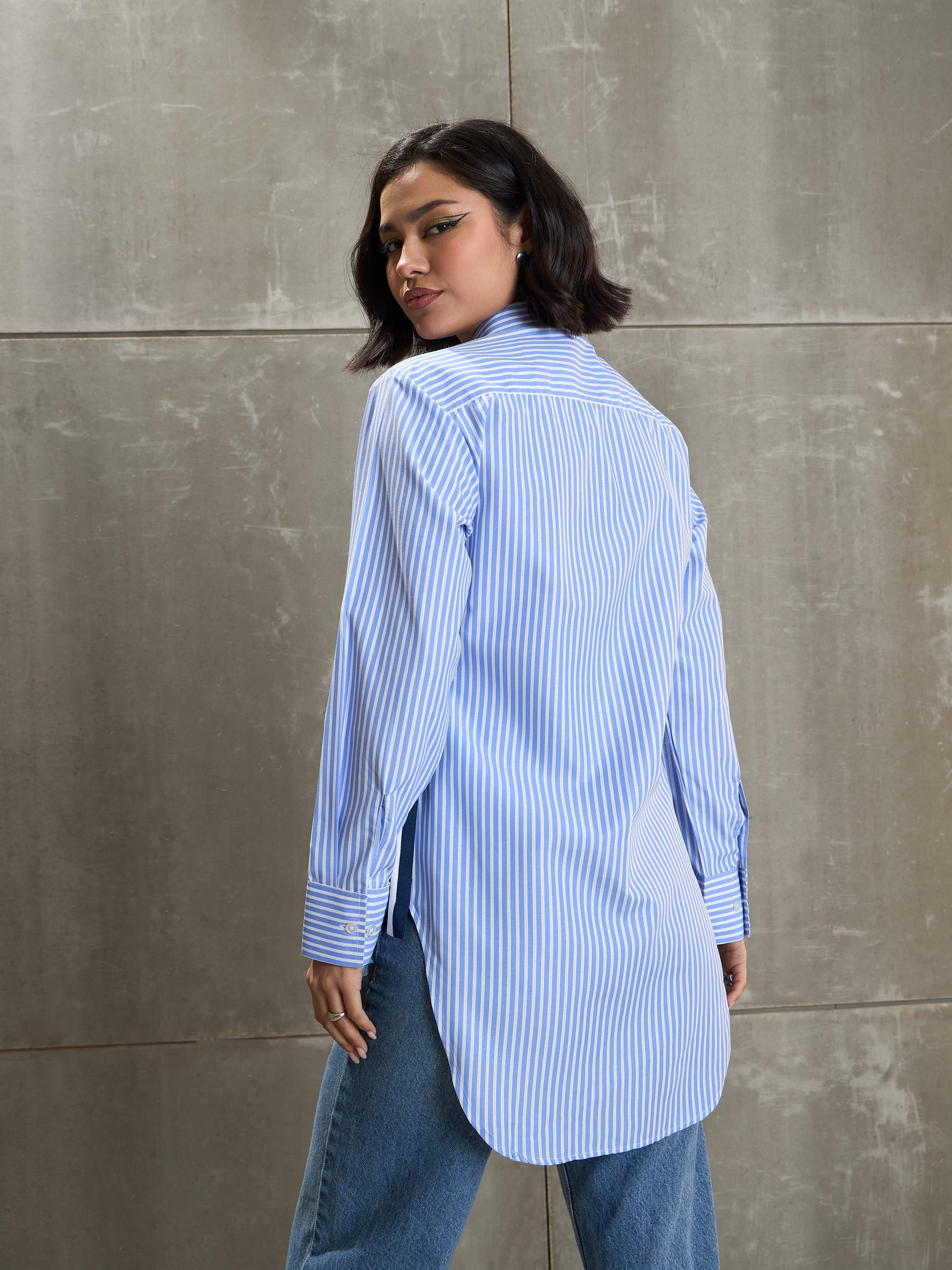 Women's Blue & White Striped Side Tape Shirt-SASSAFRAS