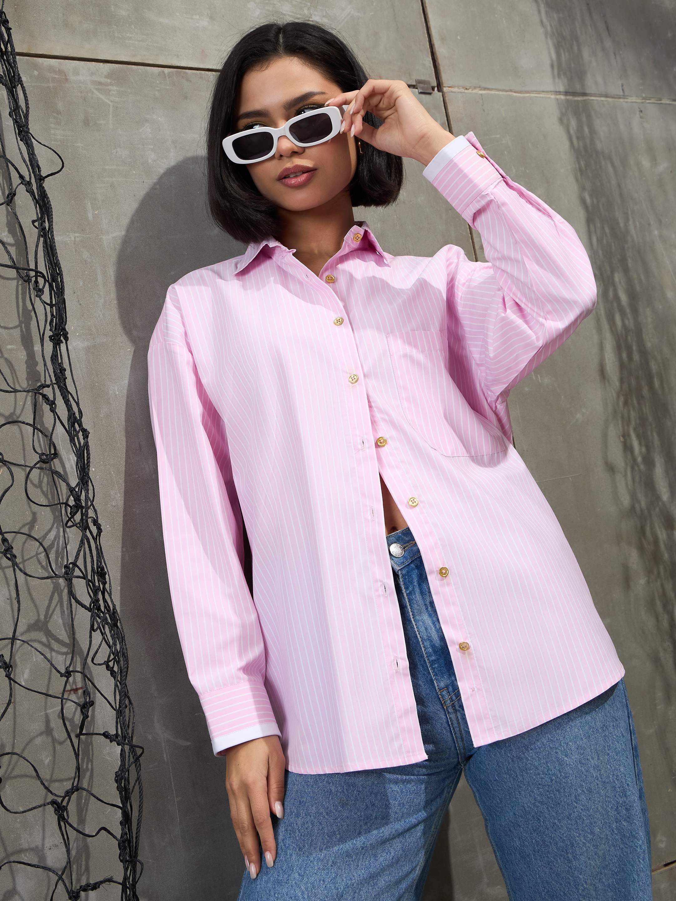 Women's Pink & White Stripes Gold Buttons Oversized Shirt-SASSAFRAS