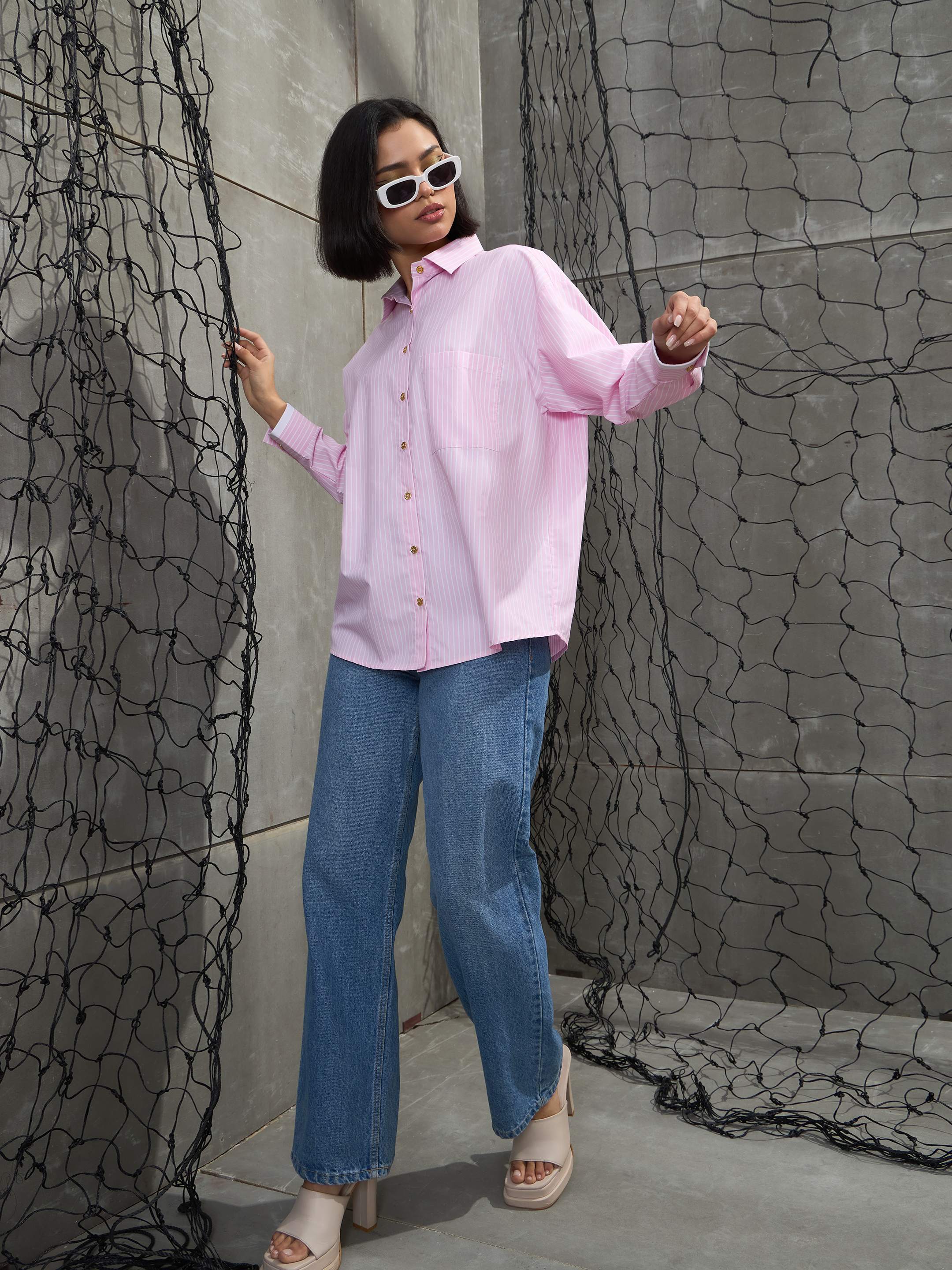 Women's Pink & White Stripes Gold Buttons Oversized Shirt-SASSAFRAS