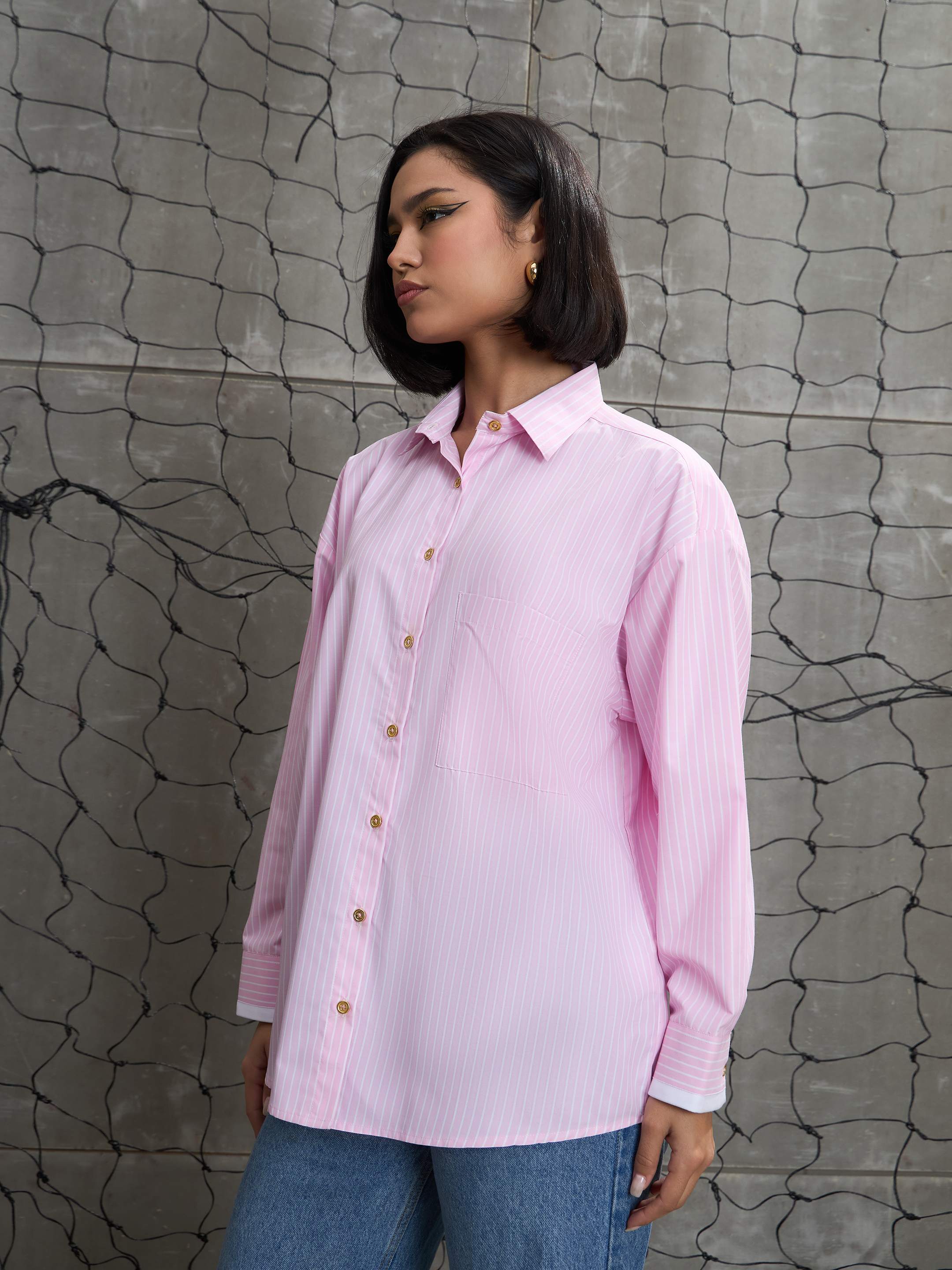 Women's Pink & White Stripes Gold Buttons Oversized Shirt-SASSAFRAS