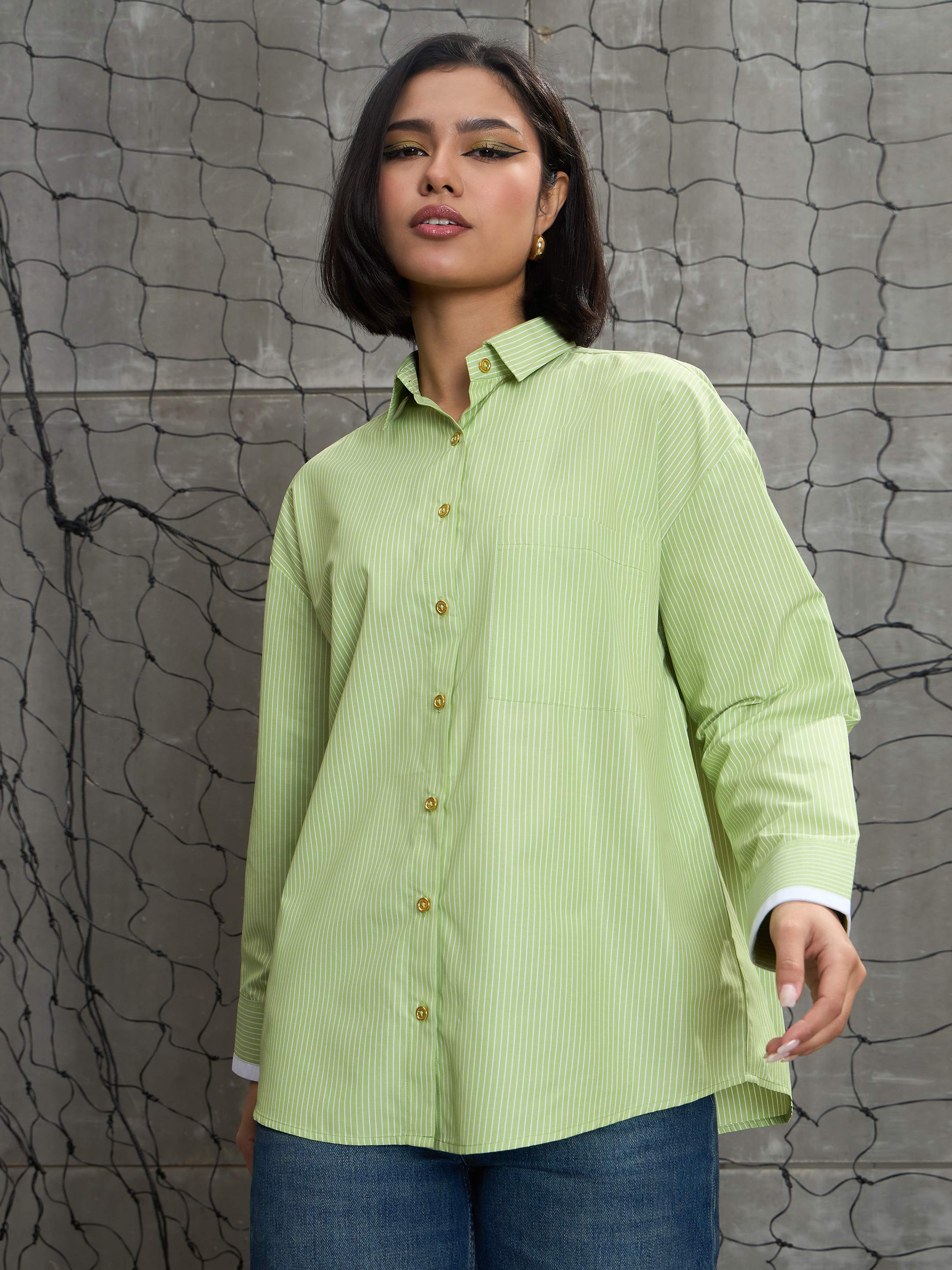 Women's Green & White Stripes Gold Buttons Oversized Shirt-SASSAFRAS