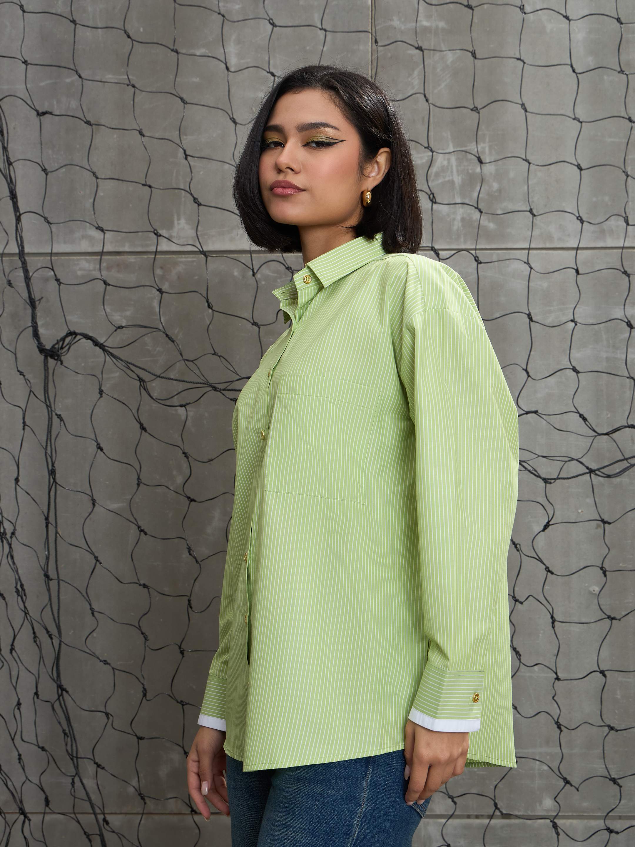 Women's Green & White Stripes Gold Buttons Oversized Shirt-SASSAFRAS