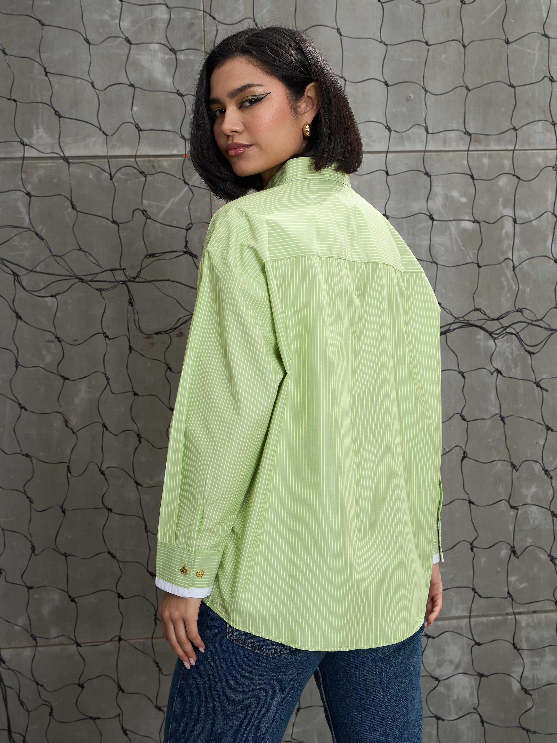 Women's Green & White Stripes Gold Buttons Oversized Shirt-SASSAFRAS