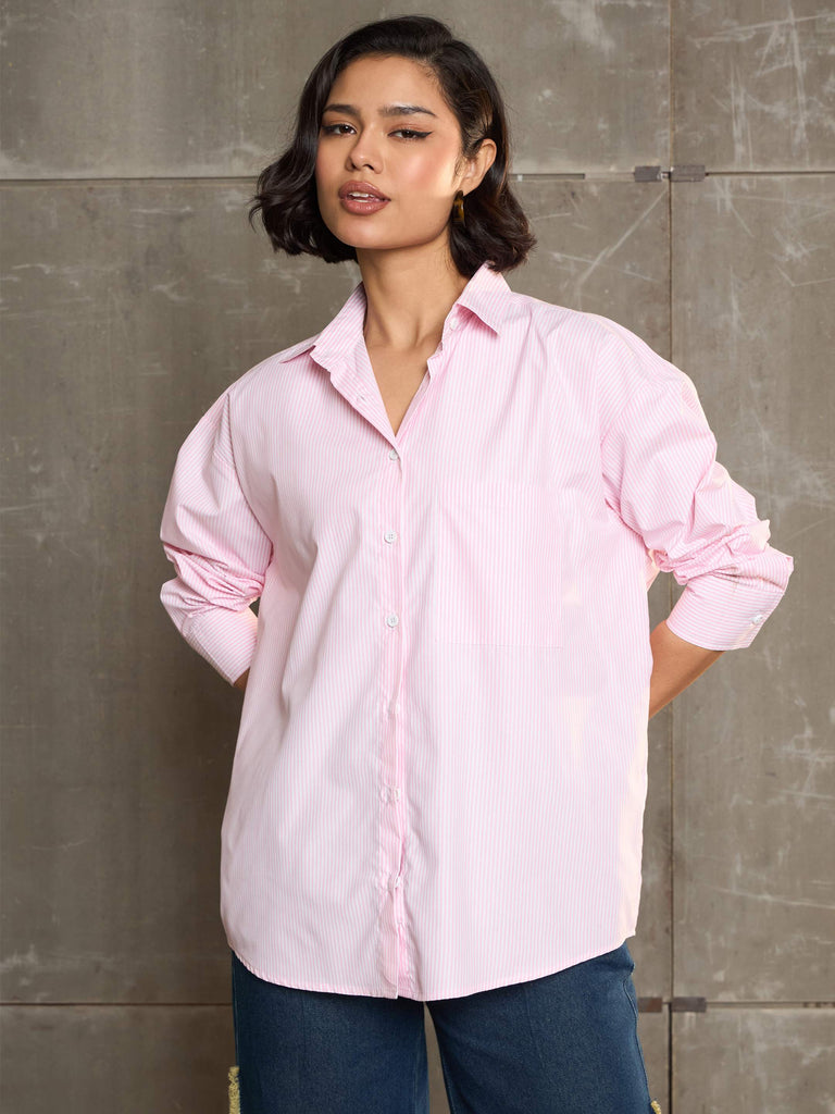 Women's Pink & White Striped Oversized Shi