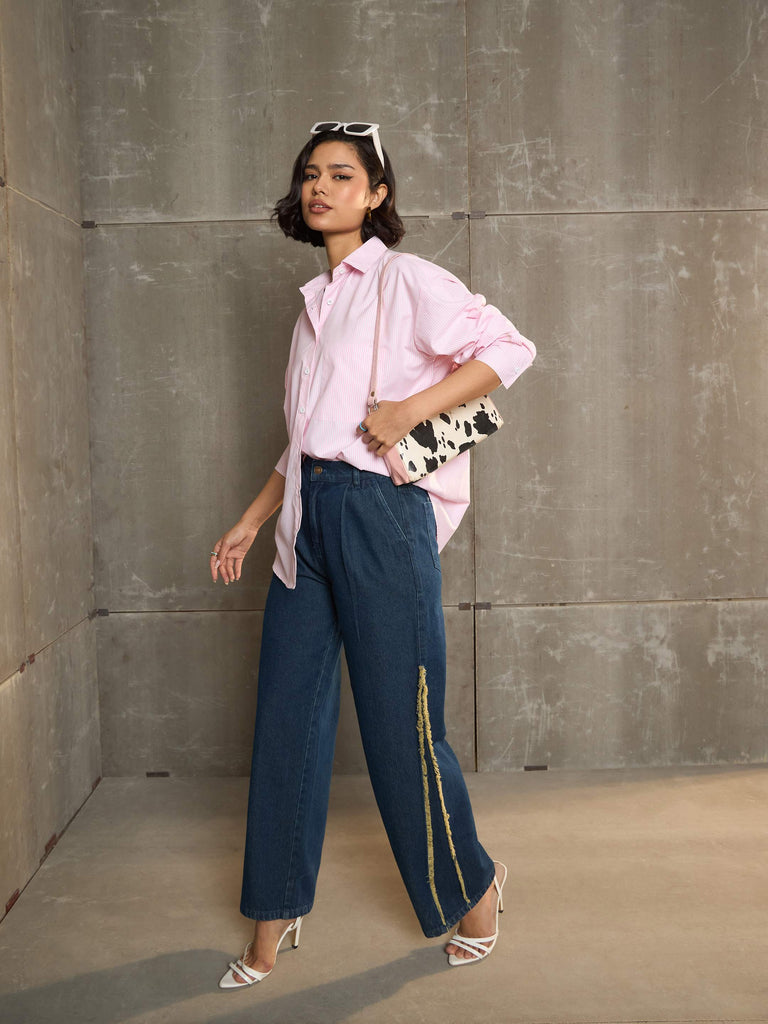 Women's Pink & White Striped Oversized Shi