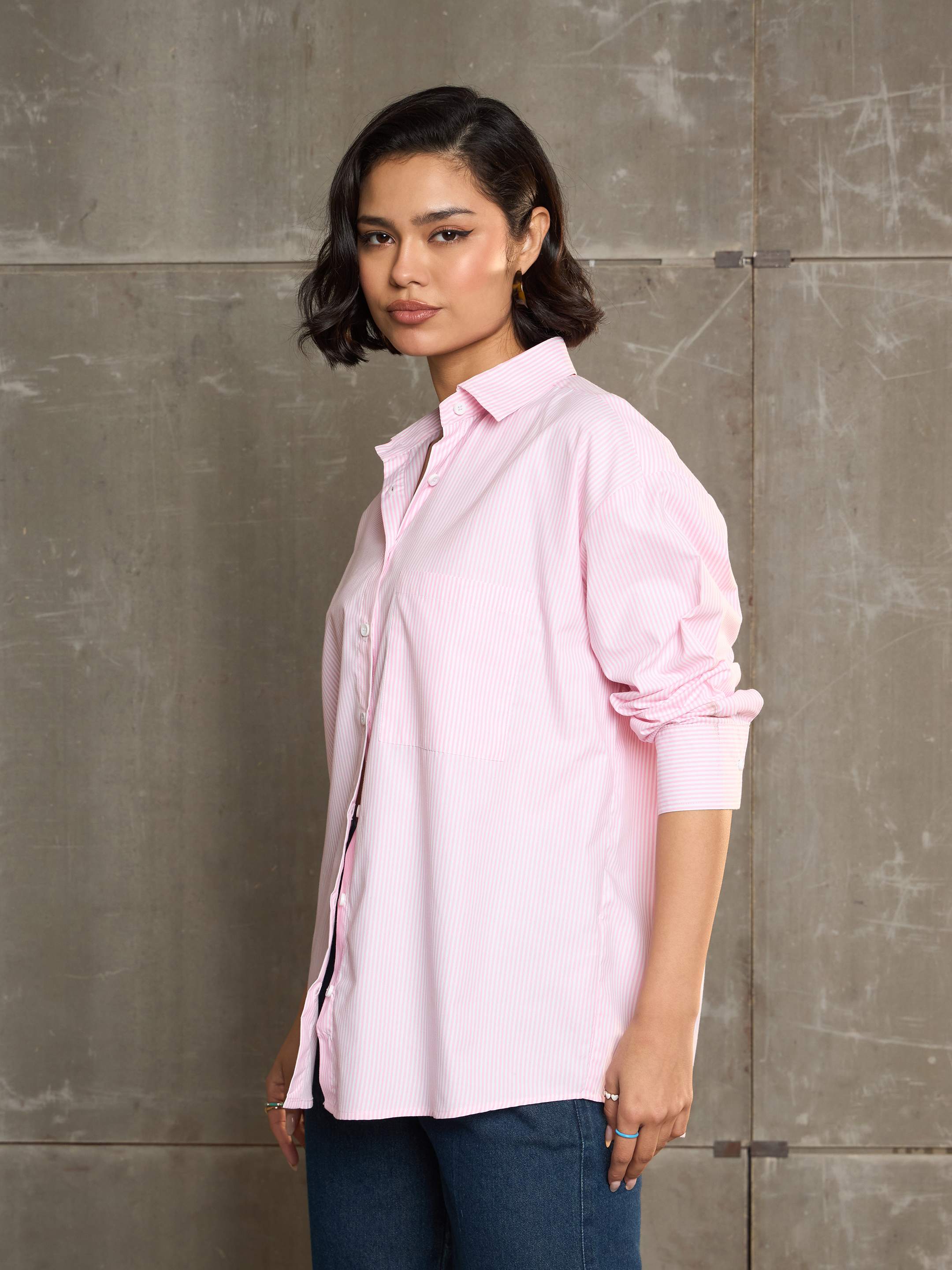 Women's Pink & White Striped Oversized Shirt-SASSAFRAS