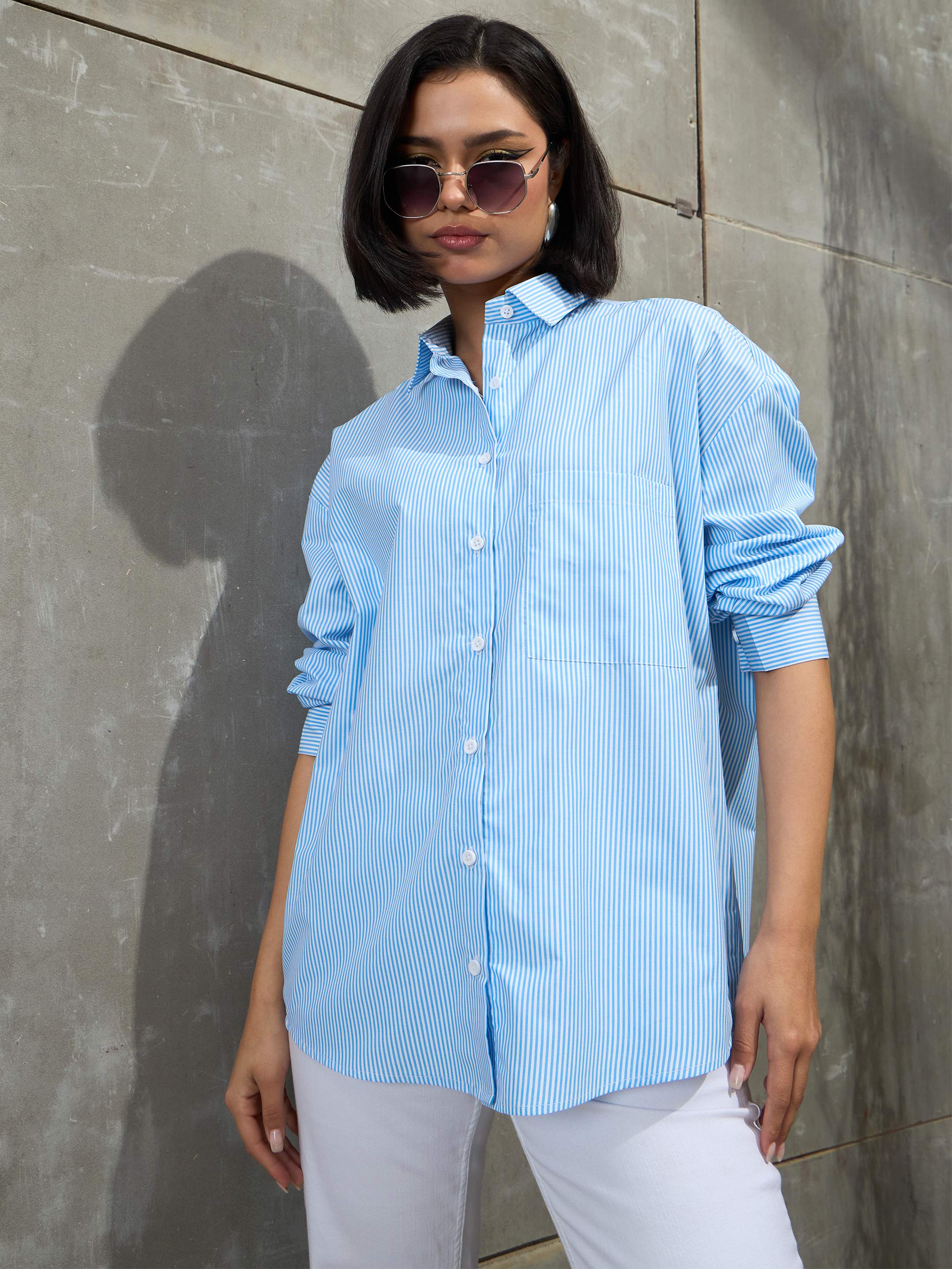 Women's Blue & White Striped Oversized Shirt-SASSAFRAS