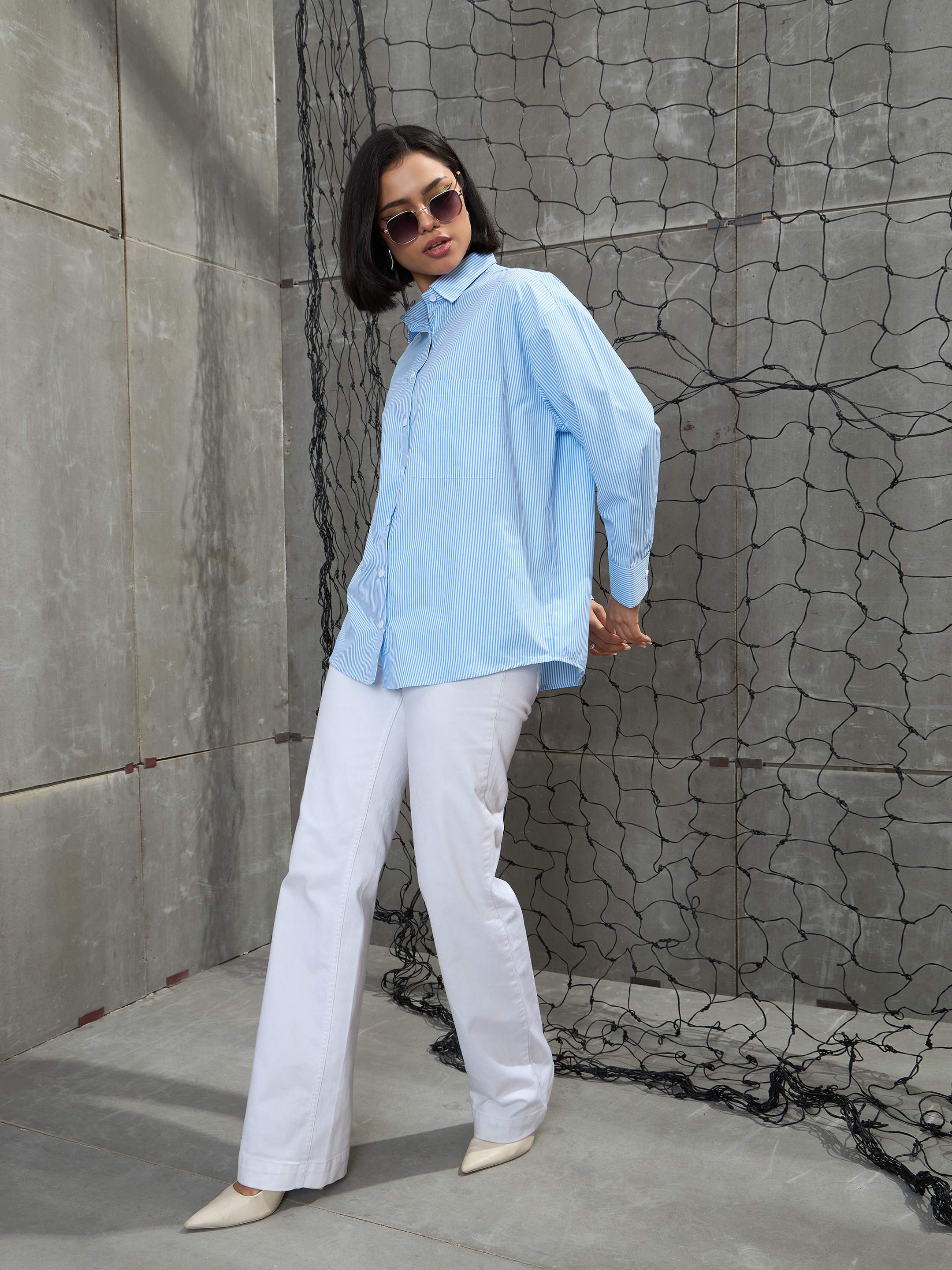 Women's Blue & White Striped Oversized Shirt-SASSAFRAS