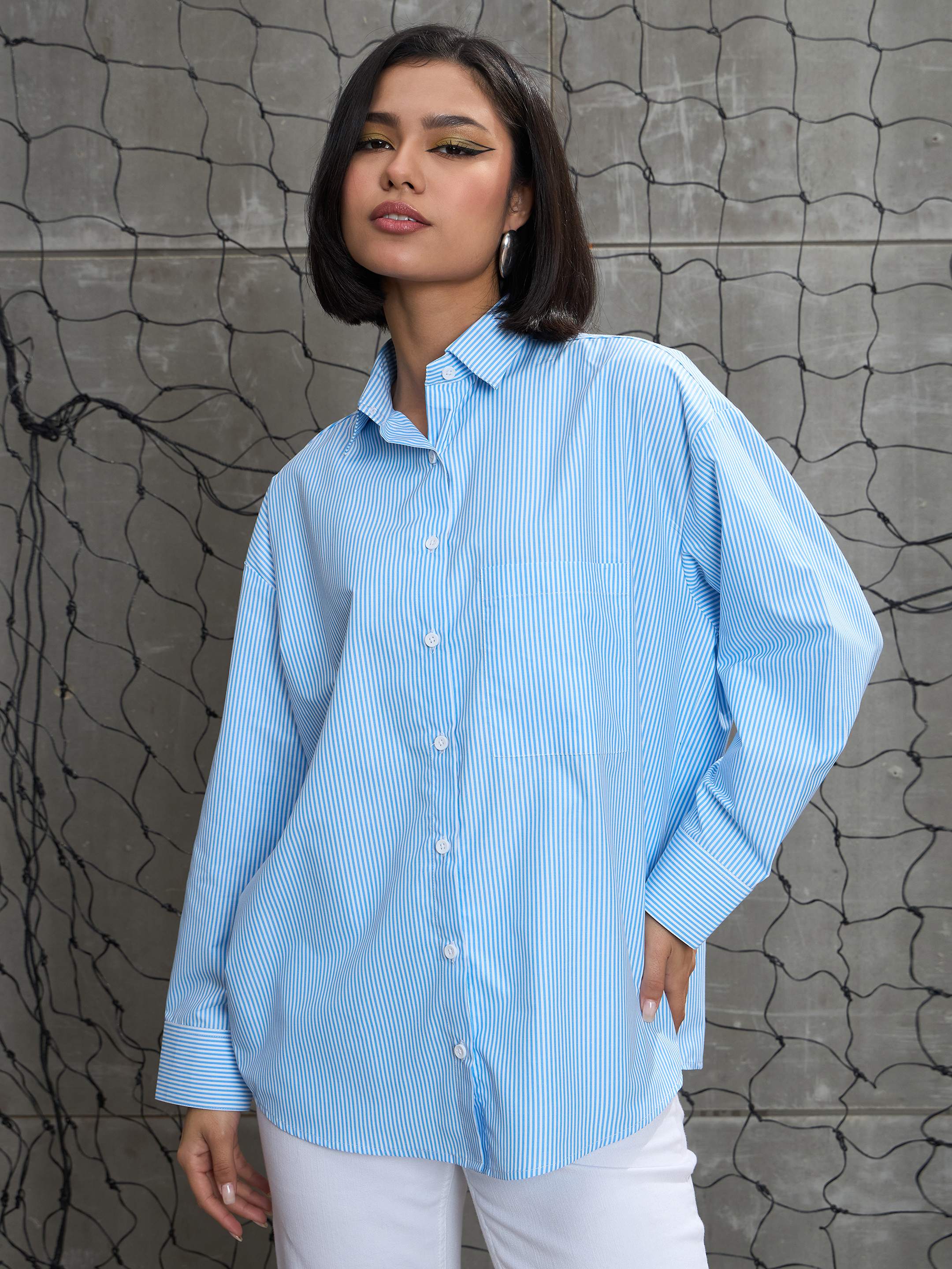 Women's Blue & White Striped Oversized Shirt-SASSAFRAS