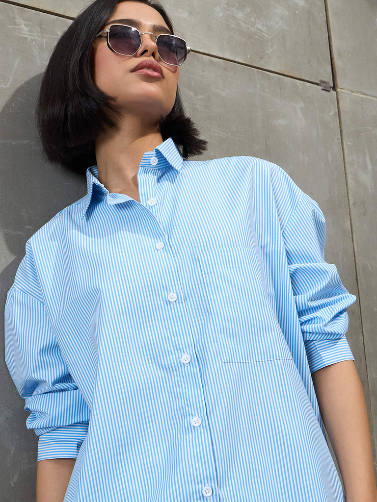 Women's Blue & White Striped Oversized Shi