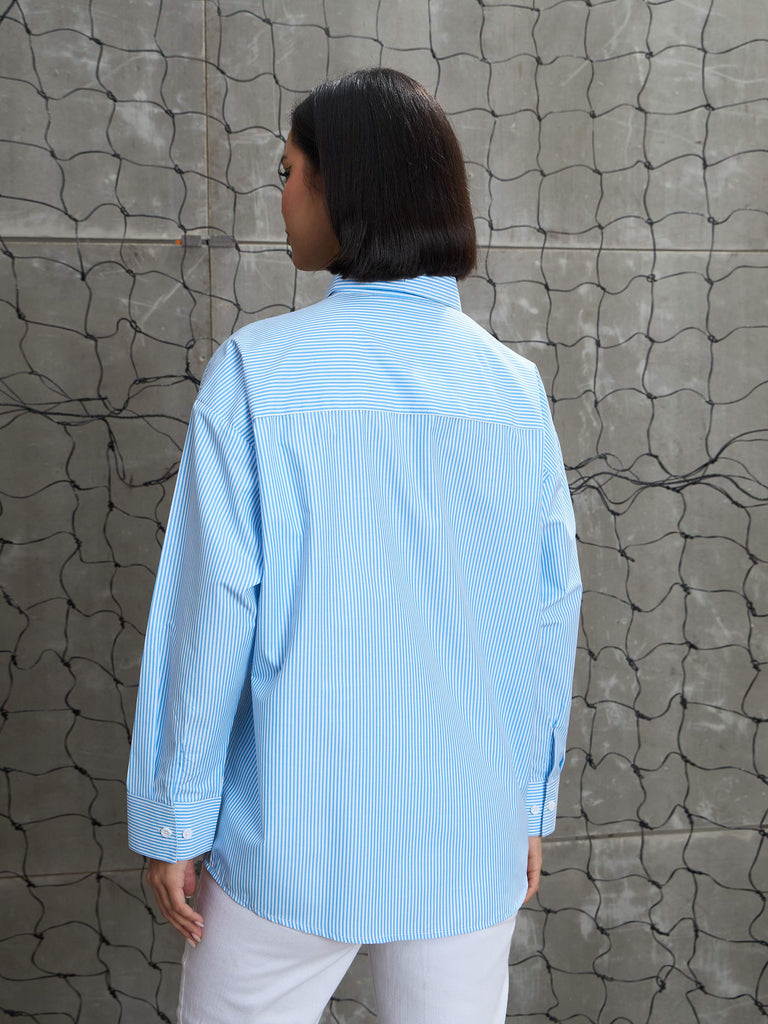Women's Blue & White Striped Oversized Shi
