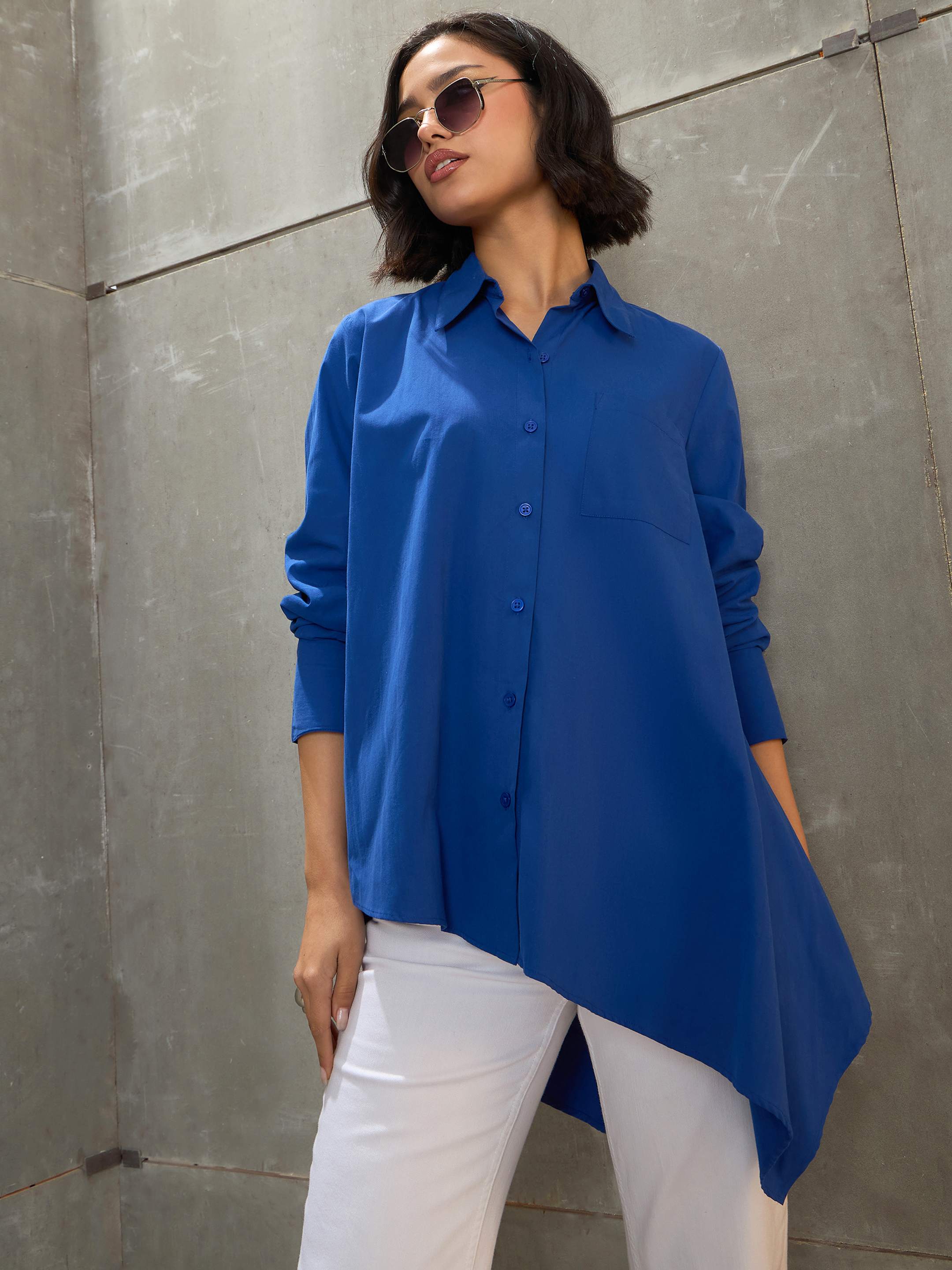 Women's Royal Blue Poplin Assymetric Hem Shirt-SASSAFRAS