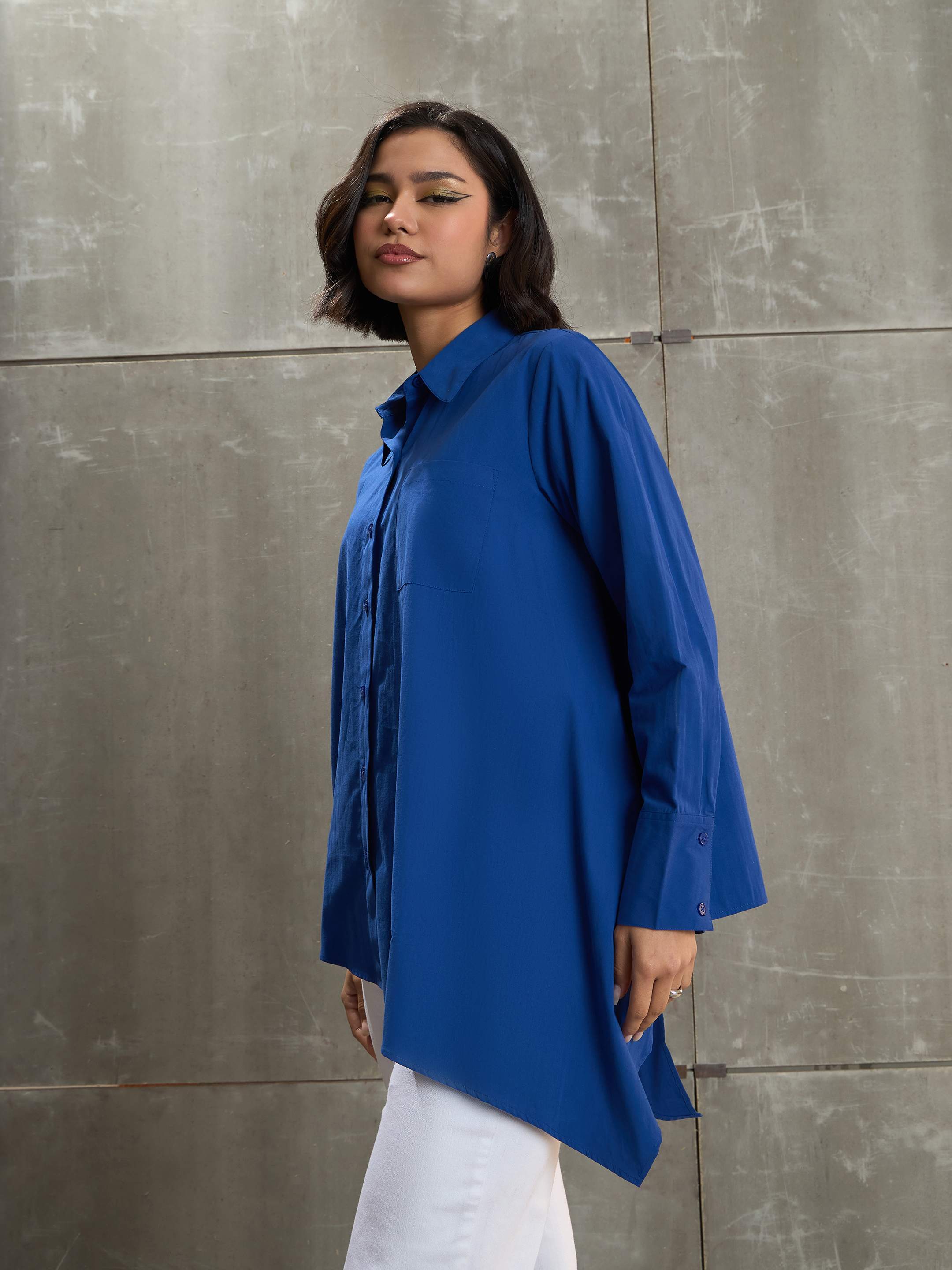 Women's Royal Blue Poplin Assymetric Hem Shirt-SASSAFRAS