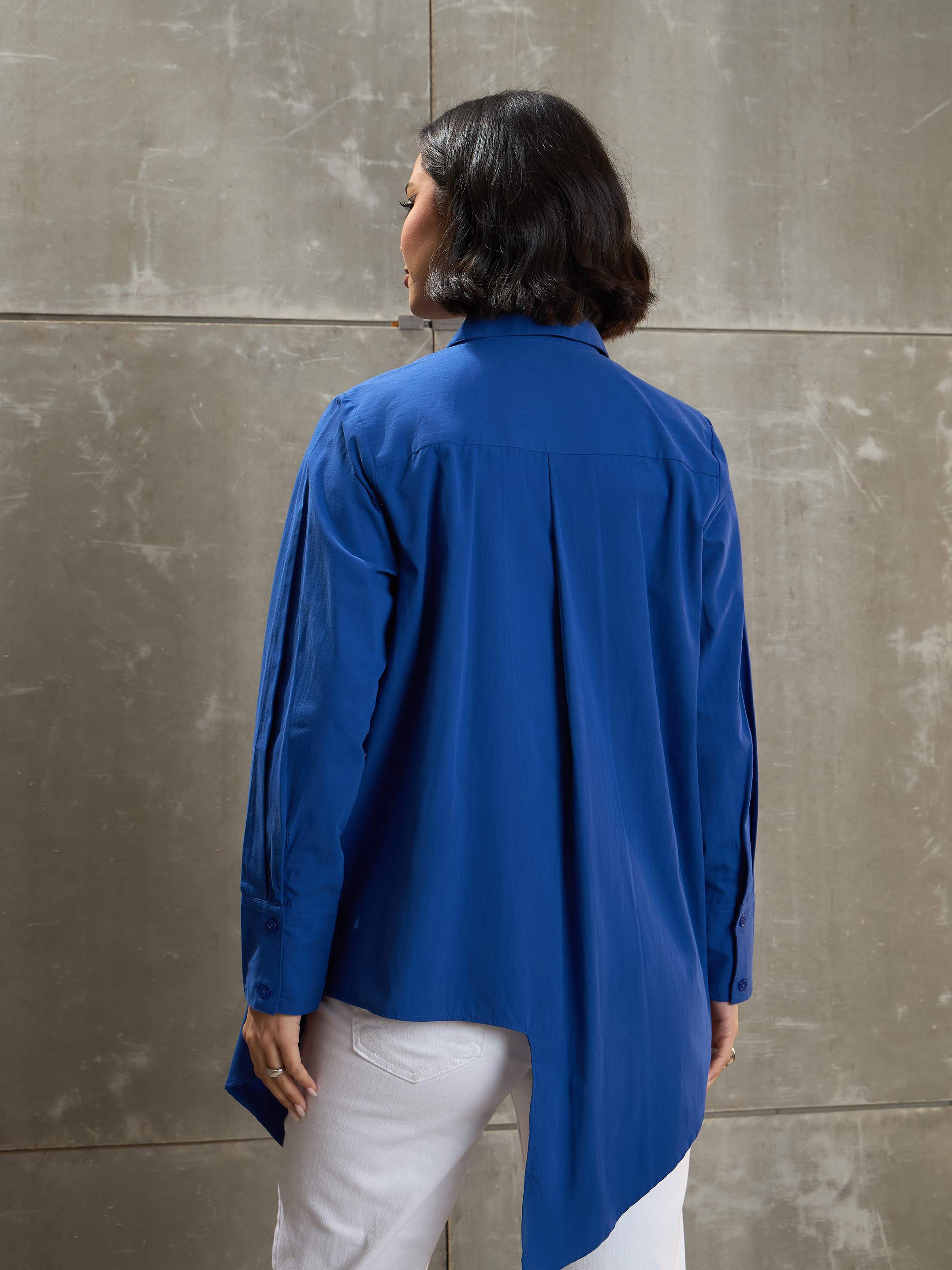 Women's Royal Blue Poplin Assymetric Hem Shirt-SASSAFRAS